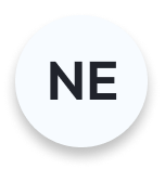 Circular icon with uppercase letters NE in dark font on a light background.