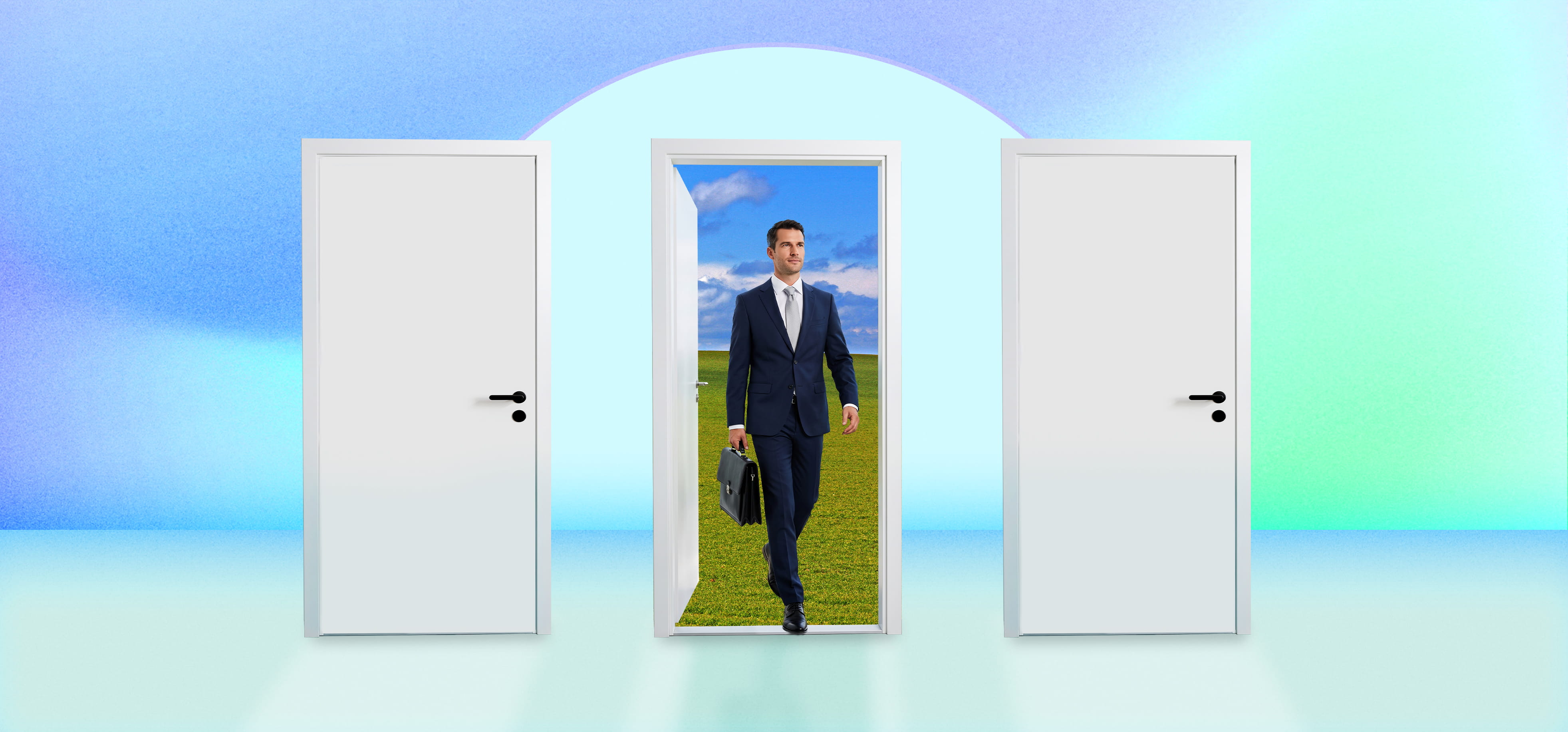 Man in a suit holding a briefcase walking through an open door to a grassy field under a blue sky.