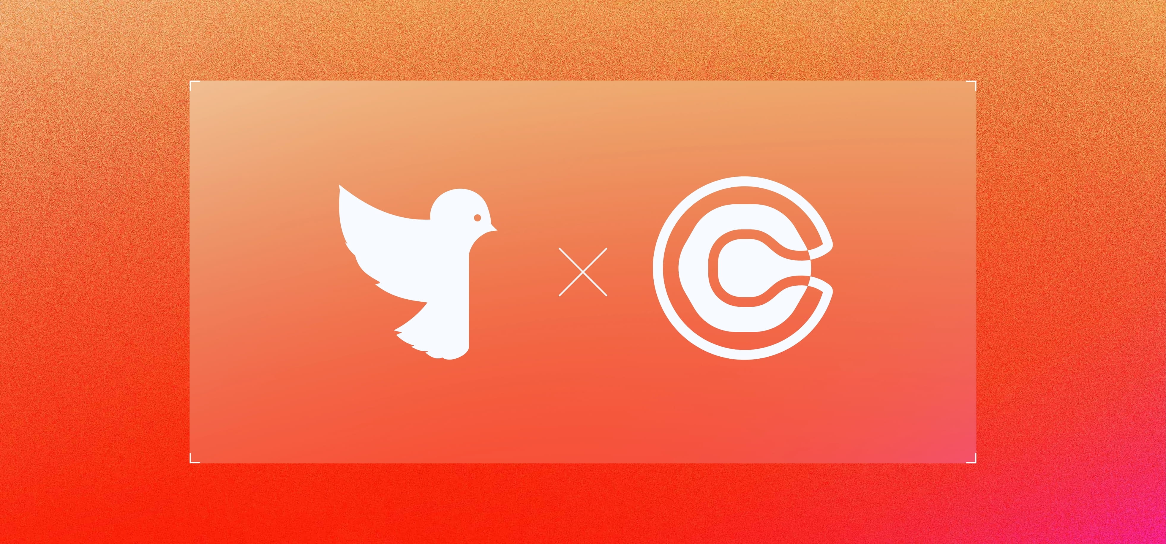 White dove icon on the left and a stylised letter C logo on the right, separated by a white multiplication sign, all on a gradient orange to pink background.