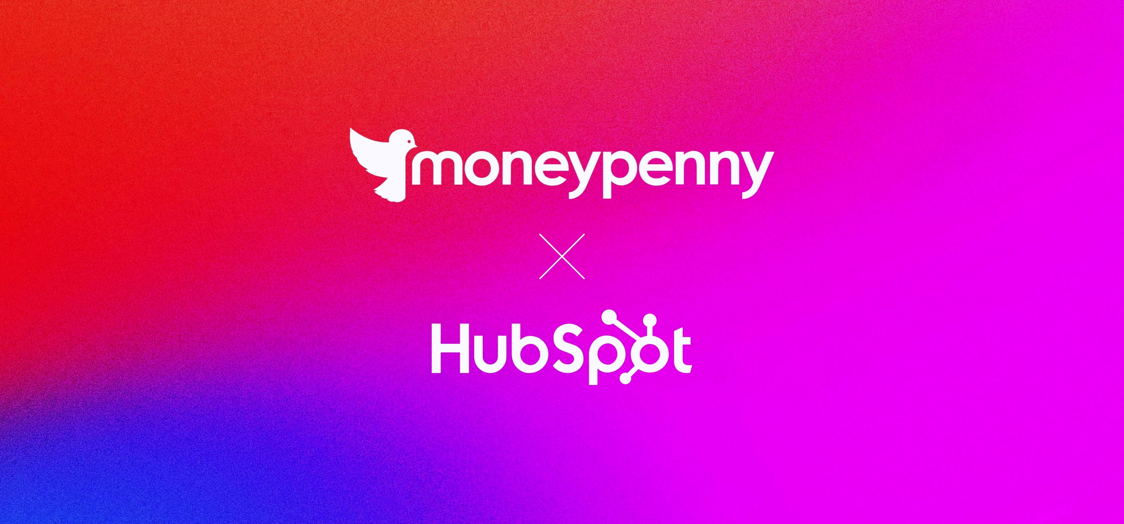 Logos of Moneypenny and HubSpot centered on a vibrant gradient background transitioning from red and purple to pink and blue.