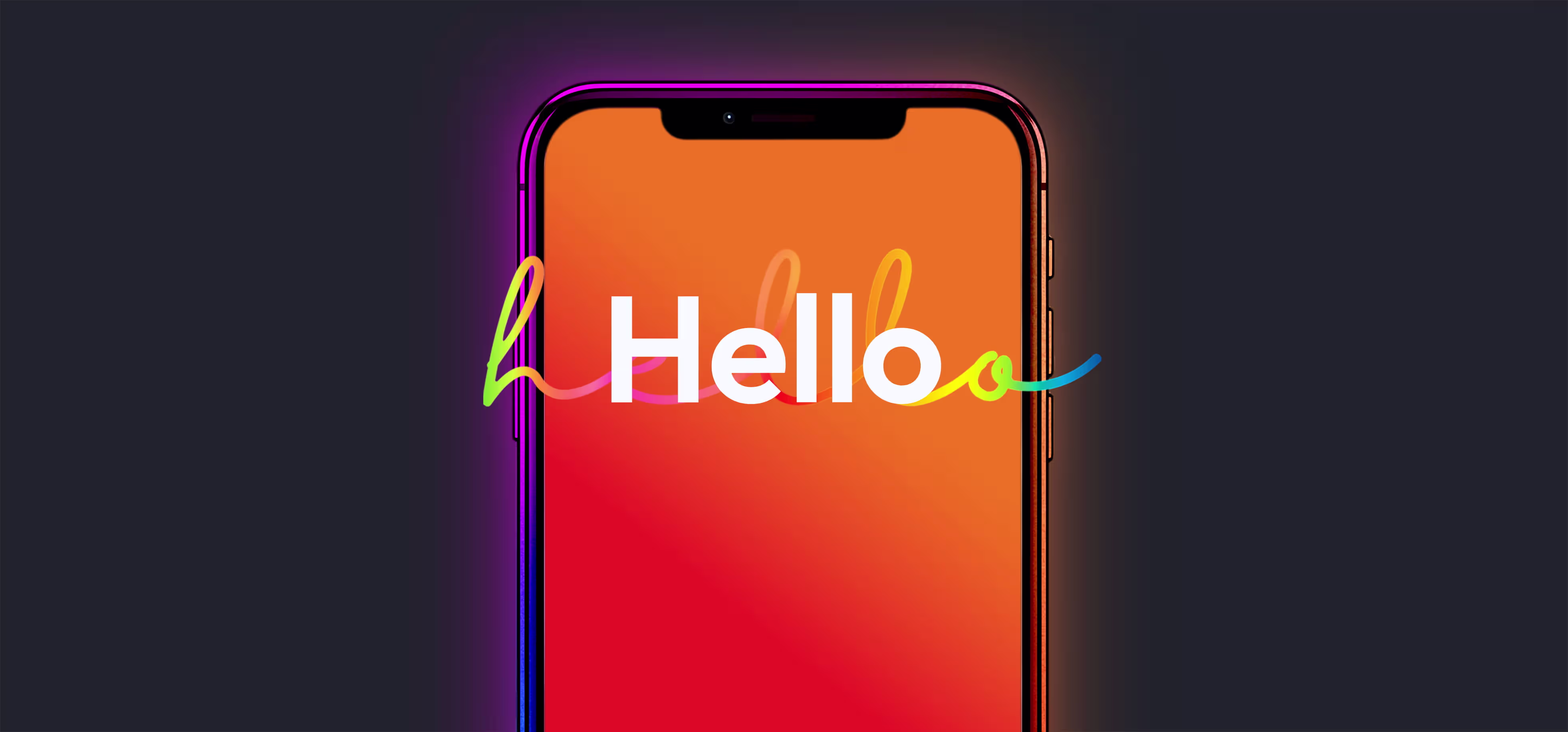 Smartphone with a vibrant orange screen displays the word 'Hello' in white, with a colorful cursive line weaving through the letters.