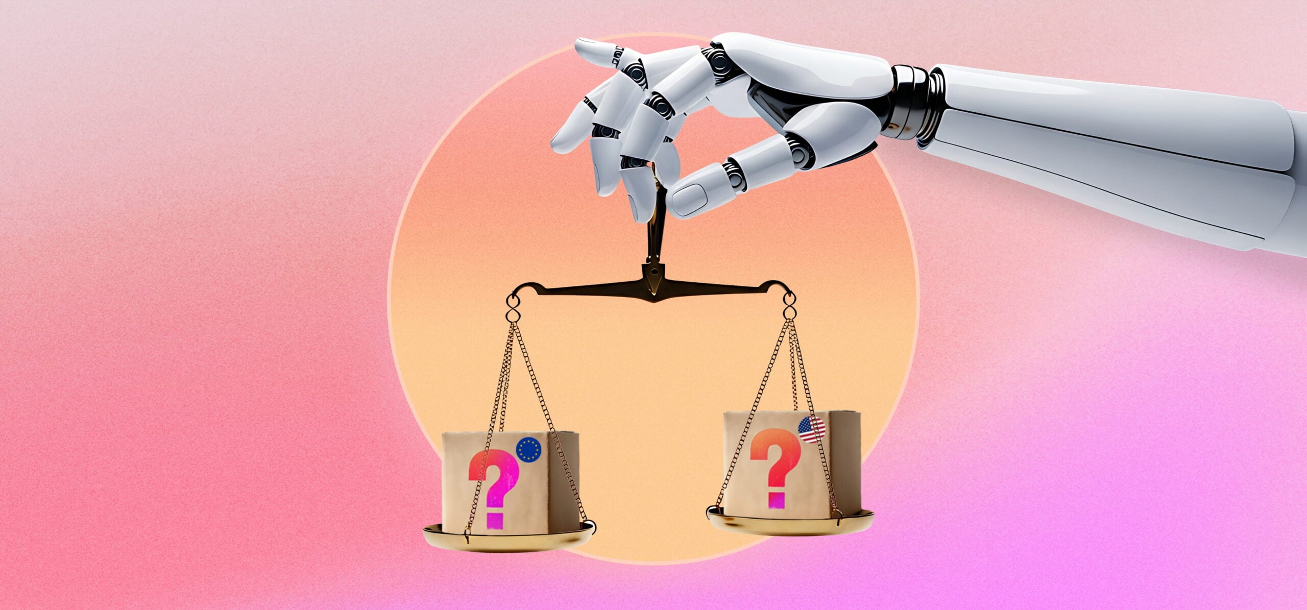A robotic hand holds a balance scale with two brown paper bags, each marked with a large question mark and a flag: the European Union flag on the left bag and the United States flag on the right bag, against a pink and orange gradient background.