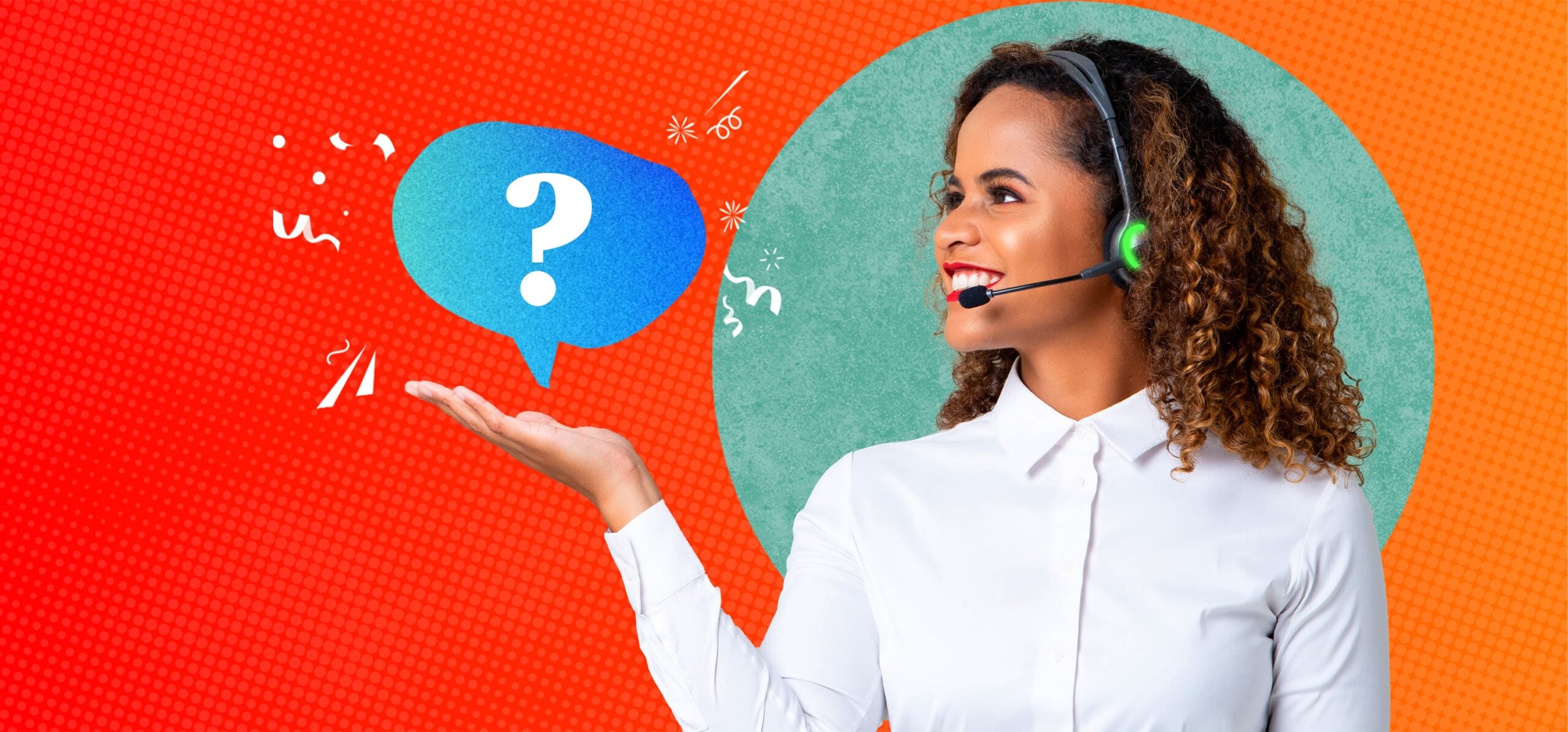 Smiling woman with curly hair wearing a headset and white shirt, holding out her hand towards a blue speech bubble with a white question mark on an orange dotted background.