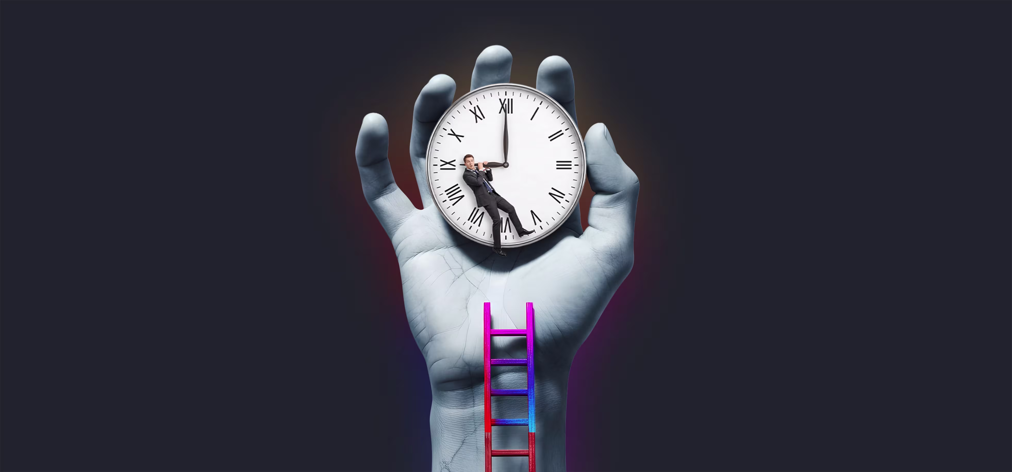 A large blue hand holds a clock with Roman numerals showing 12:00, a small man in a suit leans on the clock hands, and a red and purple ladder leans against the wrist.