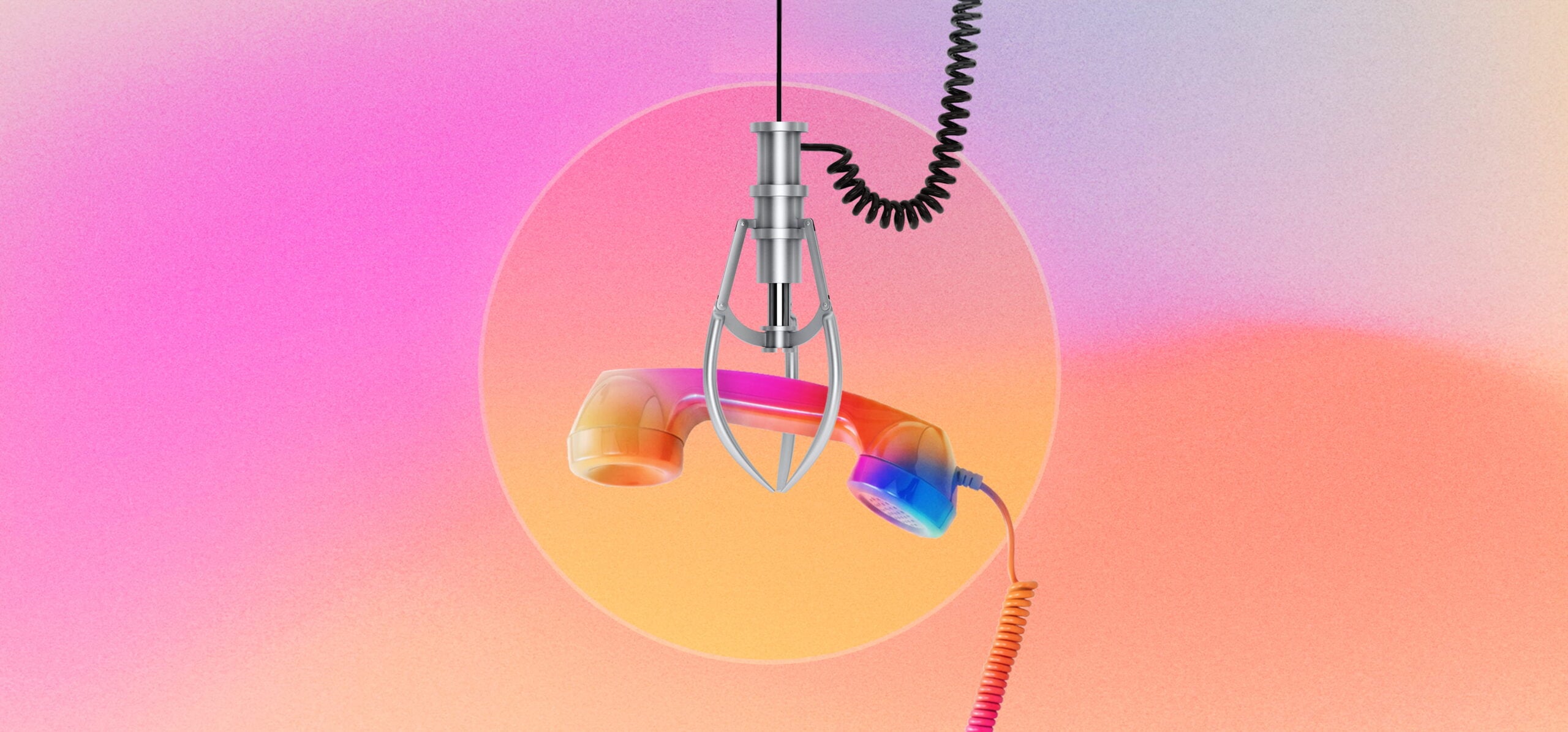 Metal claw from a claw machine holding a multicoloured vintage telephone handset with a coiled cord against a gradient background of pink, orange, and purple hues.