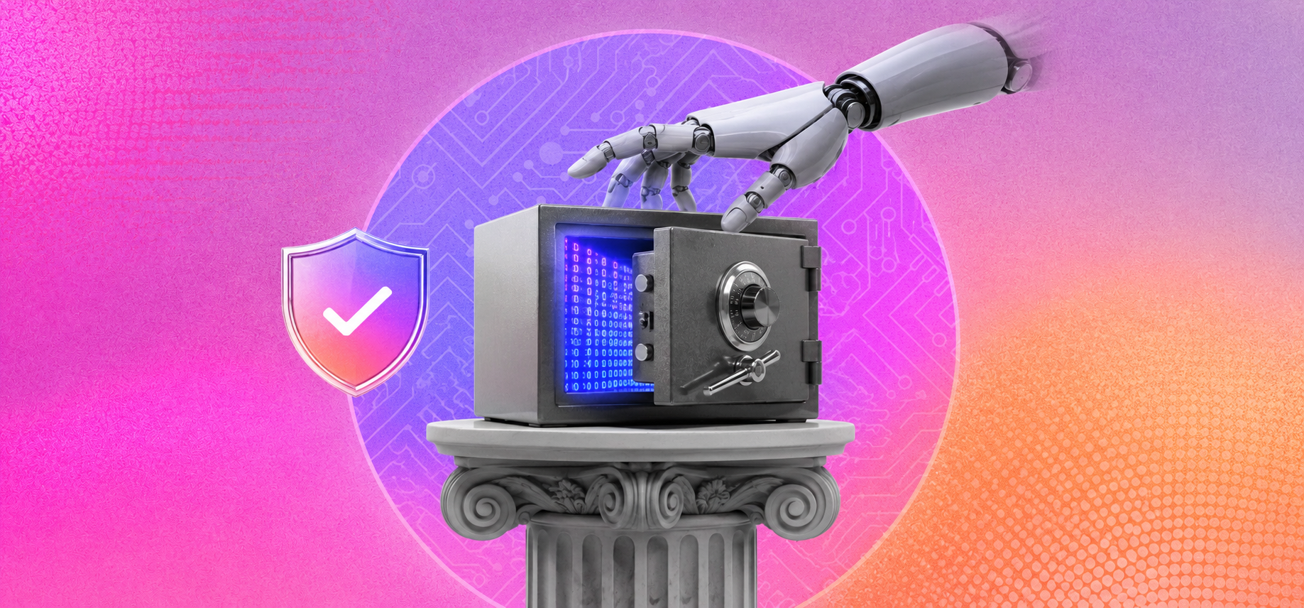 Robot hand opening a small safe on a classical pillar, showing glowing blue binary code inside, with a shield and checkmark symbol on a pink and orange gradient background.