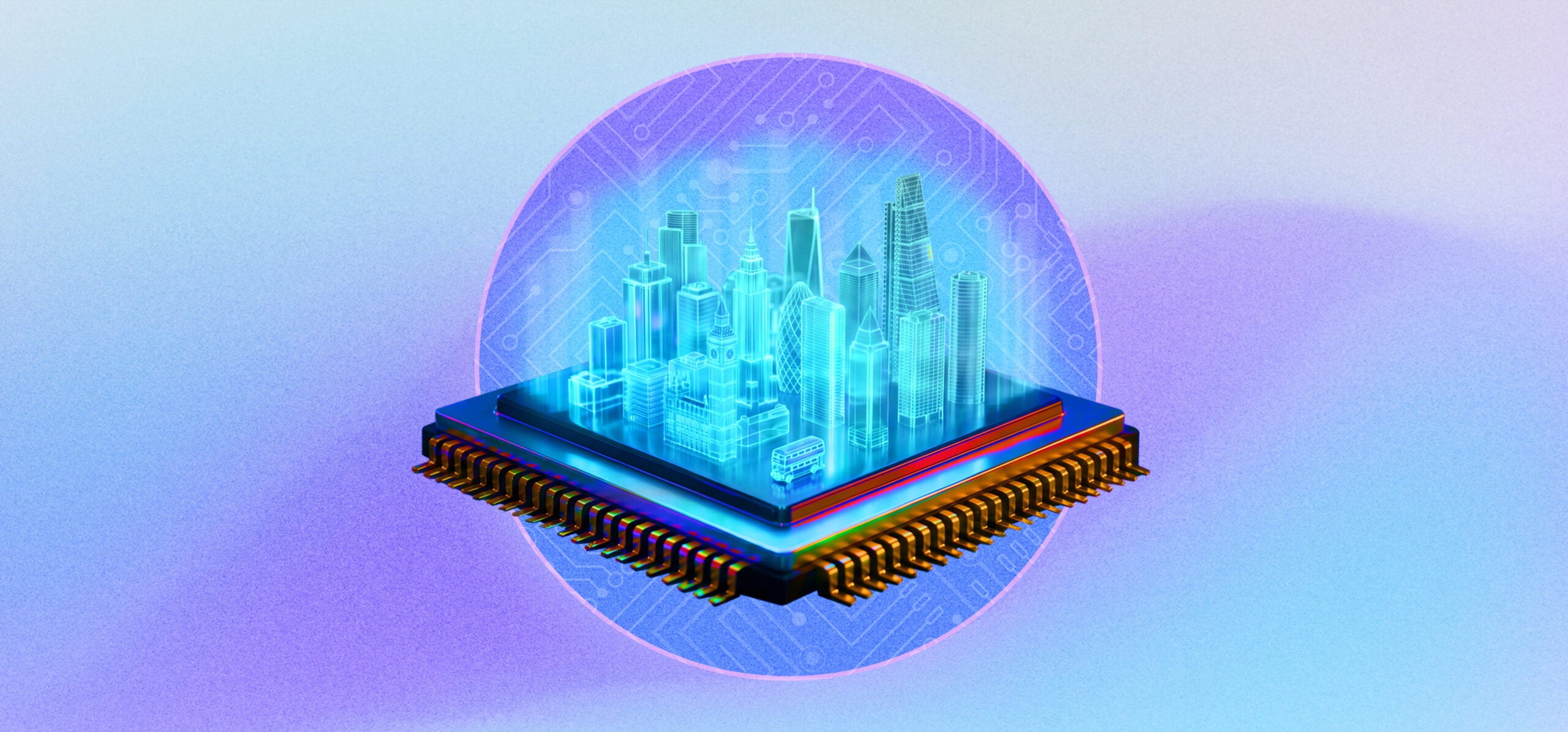 Holographic blue cityscape with skyscrapers and vehicles emerging from a computer microchip against a soft purple and blue gradient background with circuit patterns.