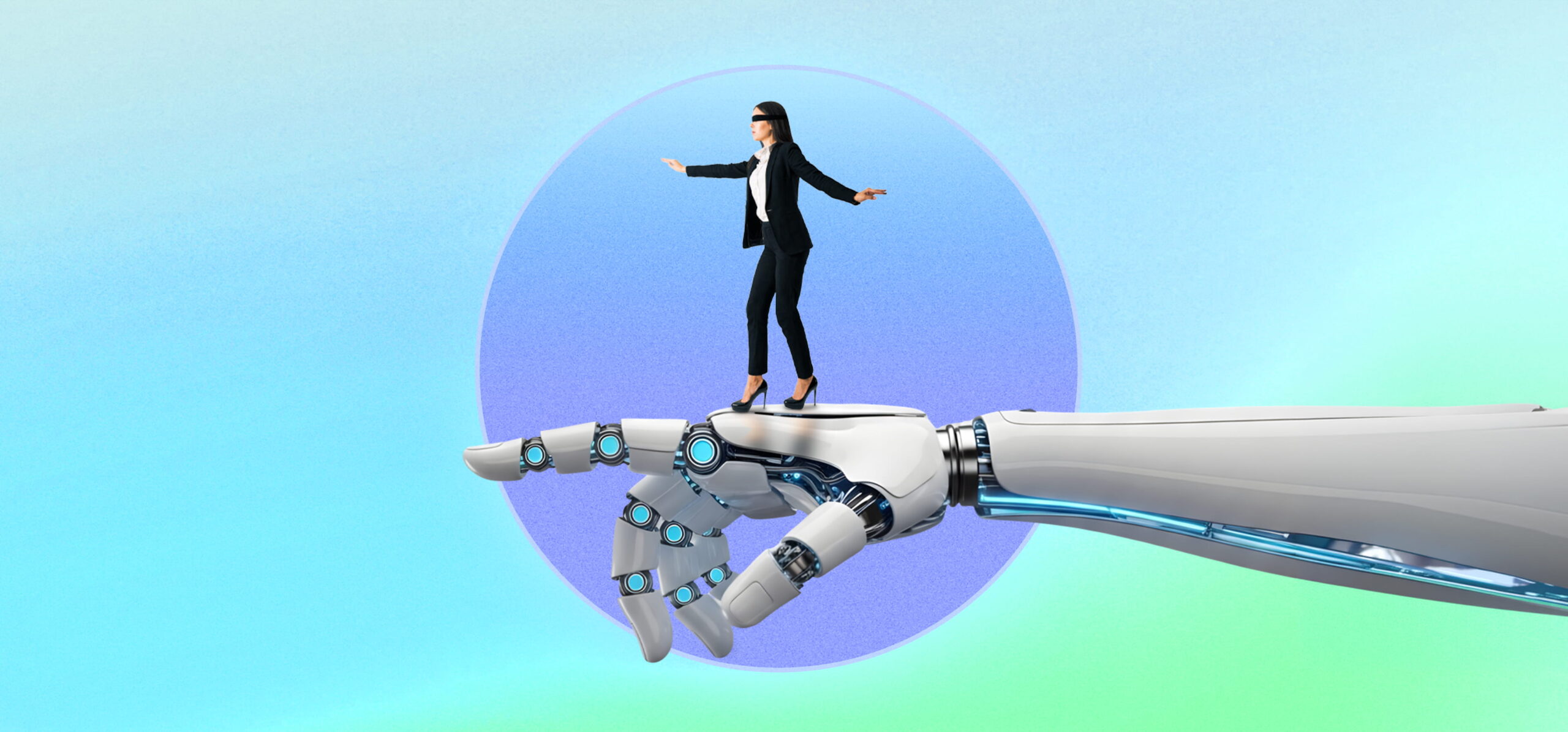 A businesswoman in a black suit and high heels balancing on the fingertip of a large futuristic robotic hand against a blue and green gradient background.