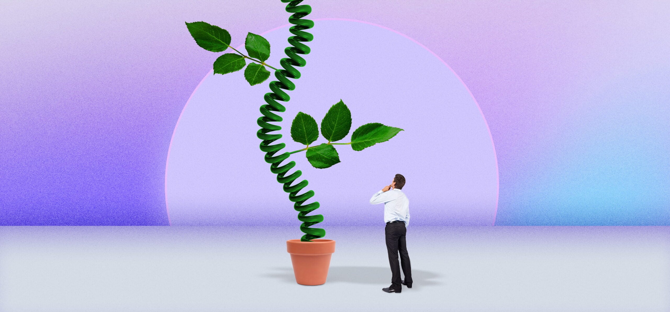 A man in business attire stands with hand on chin, looking up thoughtfully at a large spiral green plant with leaves growing from it in a terracotta pot, set against a gradient purple and blue background with a circular light shape.