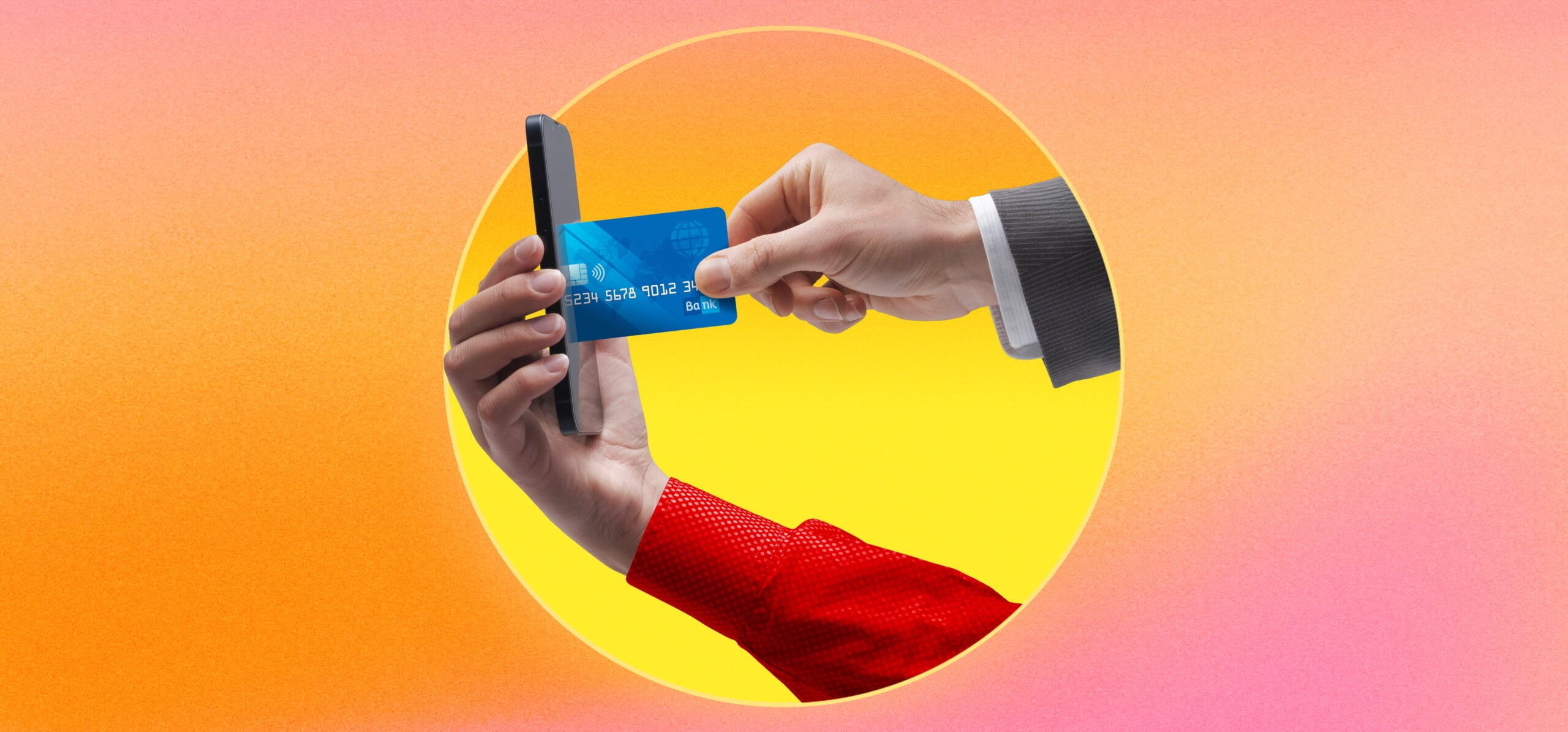 One hand holds a smartphone while another hand inserts a blue bank card into the smartphone, symbolising mobile card payments.