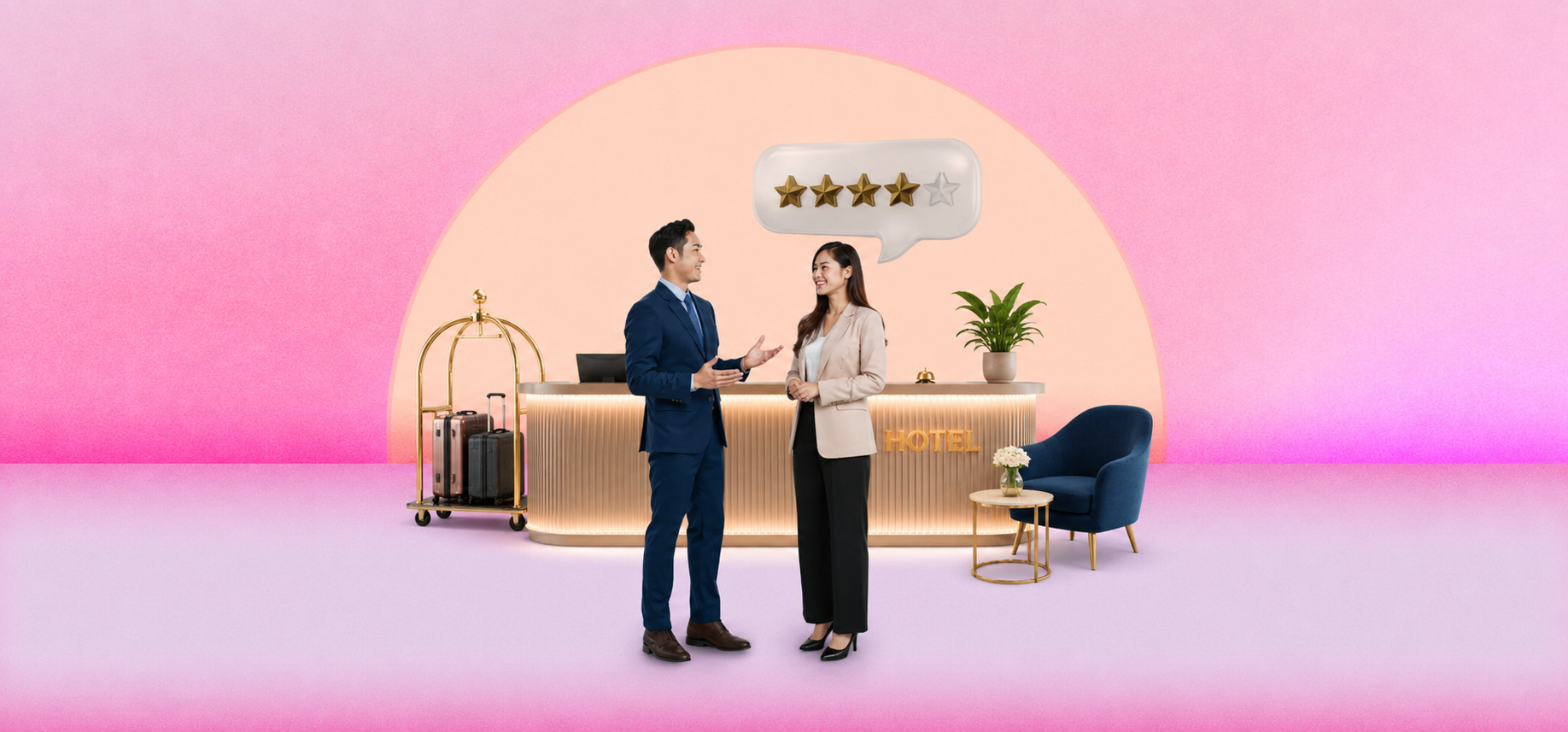 A man and a woman dressed in professional attire stand in front of a hotel reception desk having a conversation, with a luggage cart on the left and a blue chair with a small table on the right, and a speech bubble above showing a four-star rating.
