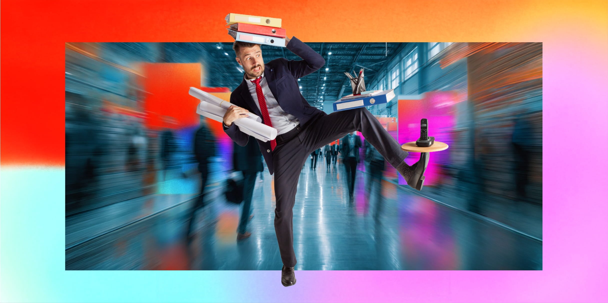 A man in a suit and red tie balancing multiple office items including binders, rolled-up papers, a pencil holder, and a cordless phone on his foot, set against a blurred busy office hallway background with people walking.