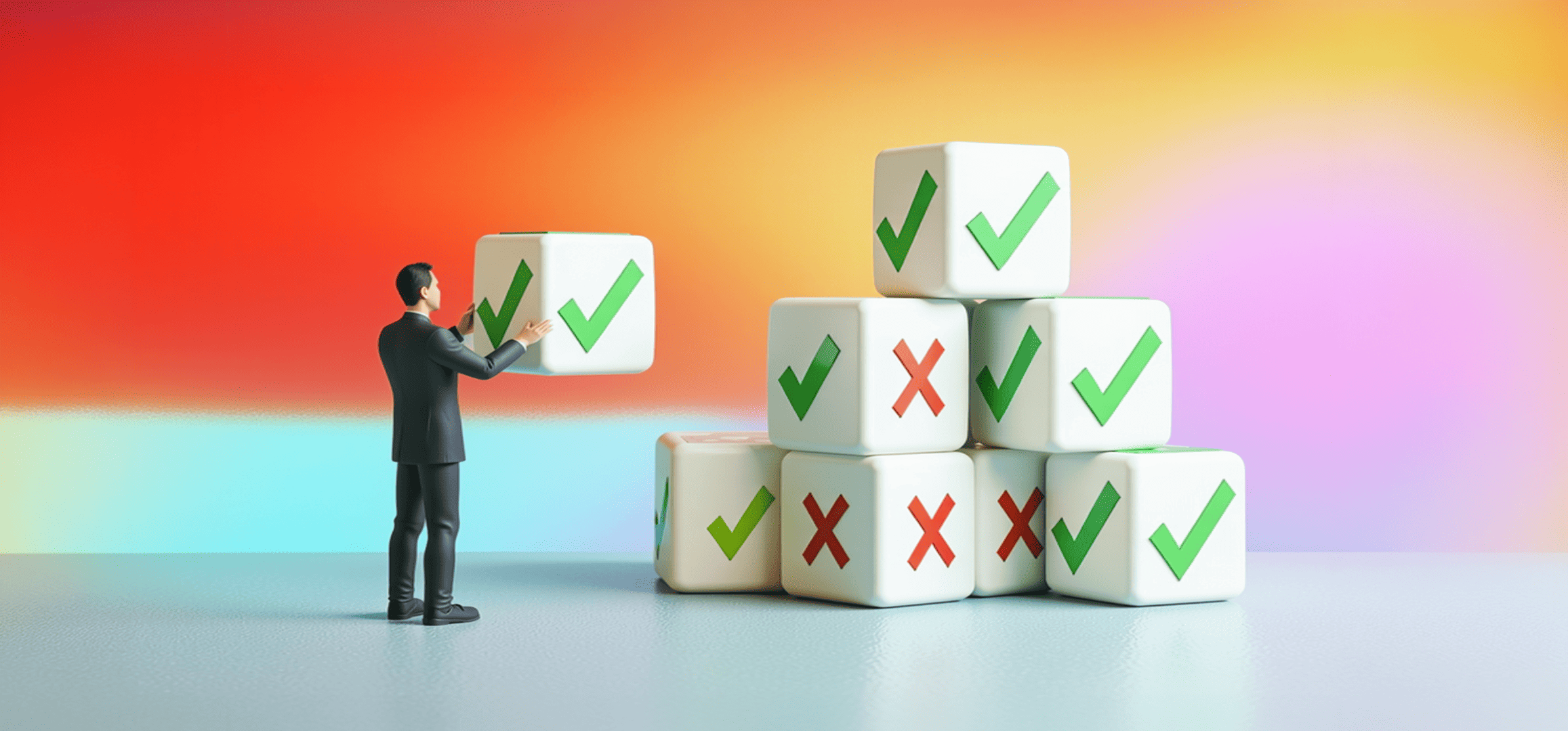 A man in a suit placing a large white dice with green check marks on a pyramid of dice, some showing green check marks and others red X marks, against a colorful gradient background.