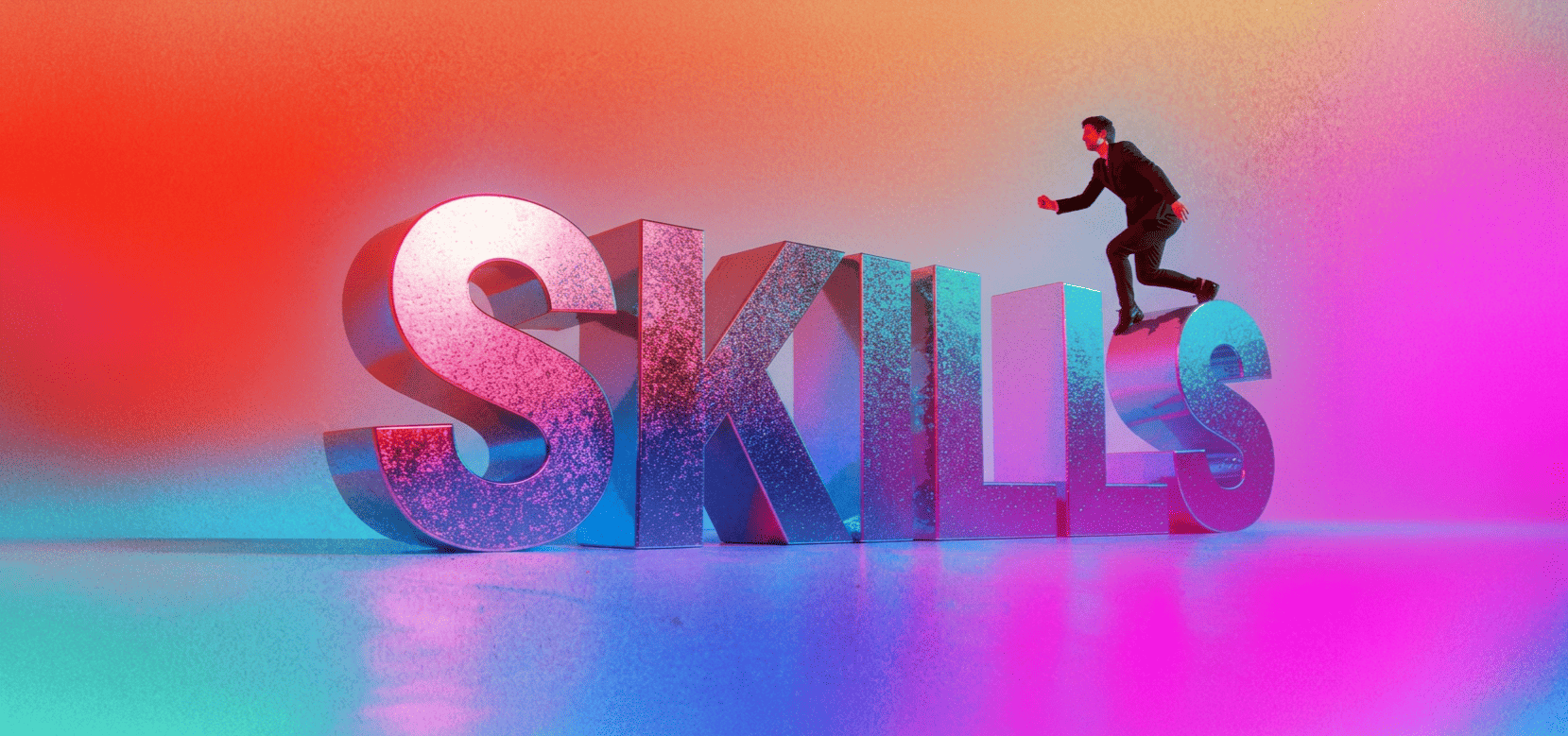 A man in a black suit climbing on large 3D letters spelling the word 'SKILLS' with a colorful gradient background of red, orange, blue, and pink hues.