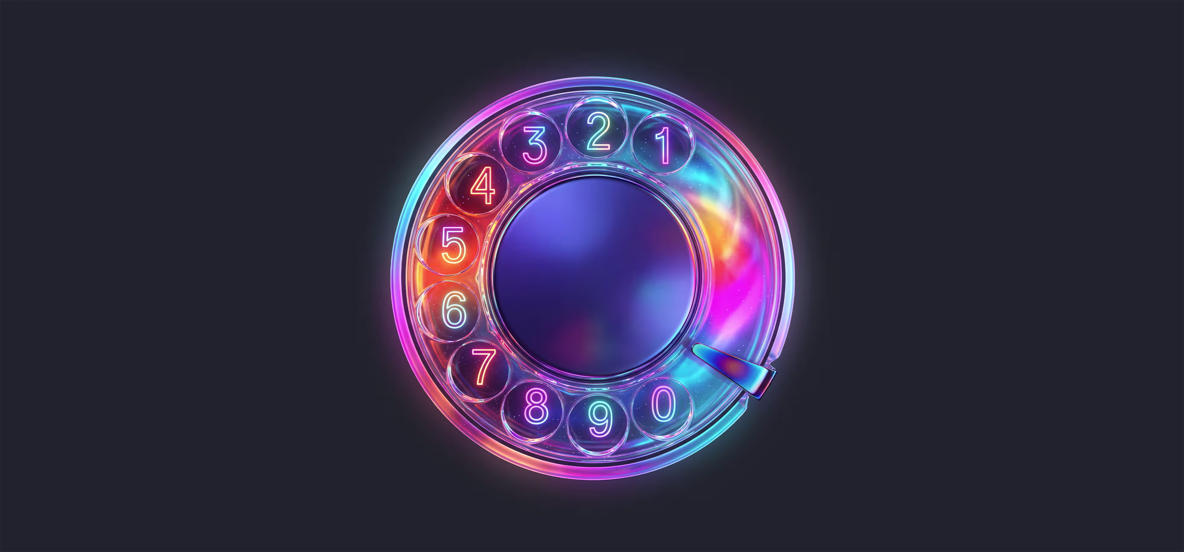 A glowing rotary phone dial with numbers 1 to 0 arranged in a circle, displaying colorful neon-like light effects on a dark background.