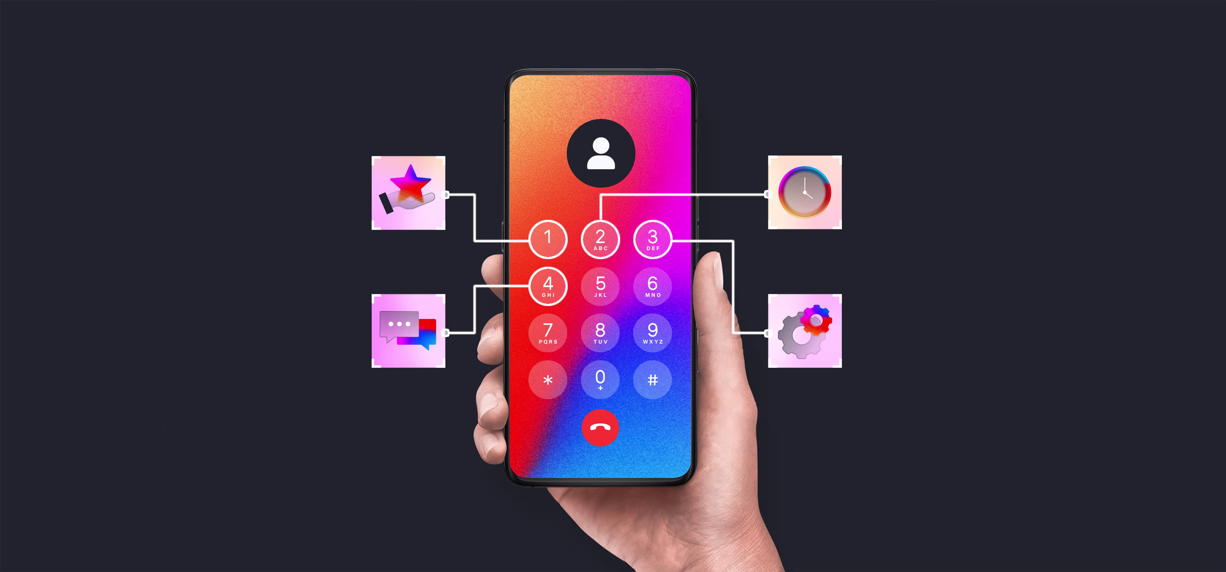 Hand holding a smartphone displaying a colorful keypad with user icon at the top, connected to four icons representing a star, a clock, a chat bubble, and gears.