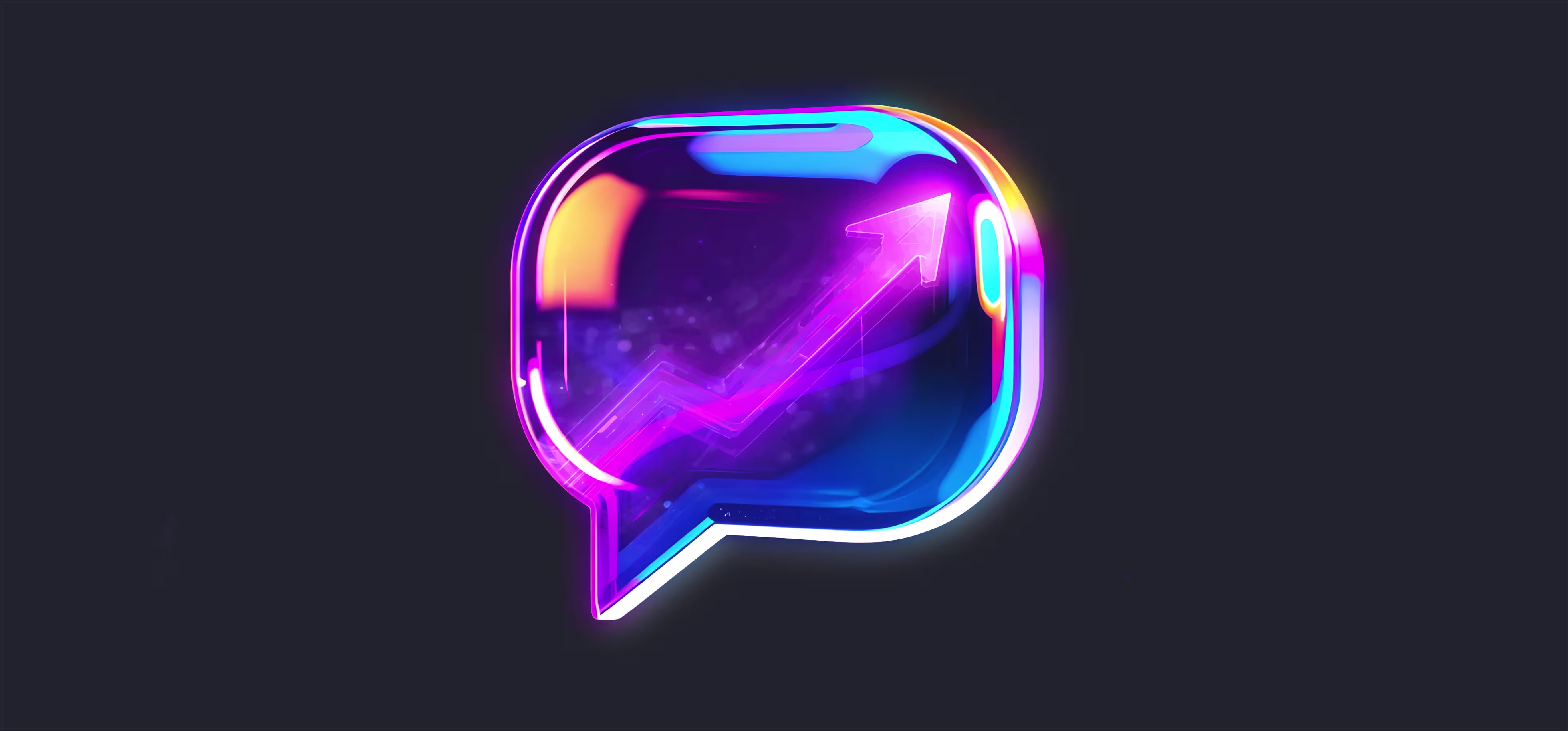 Glossy speech bubble icon with a glowing upward trending arrow inside, symbolising growth or progress in communication.
