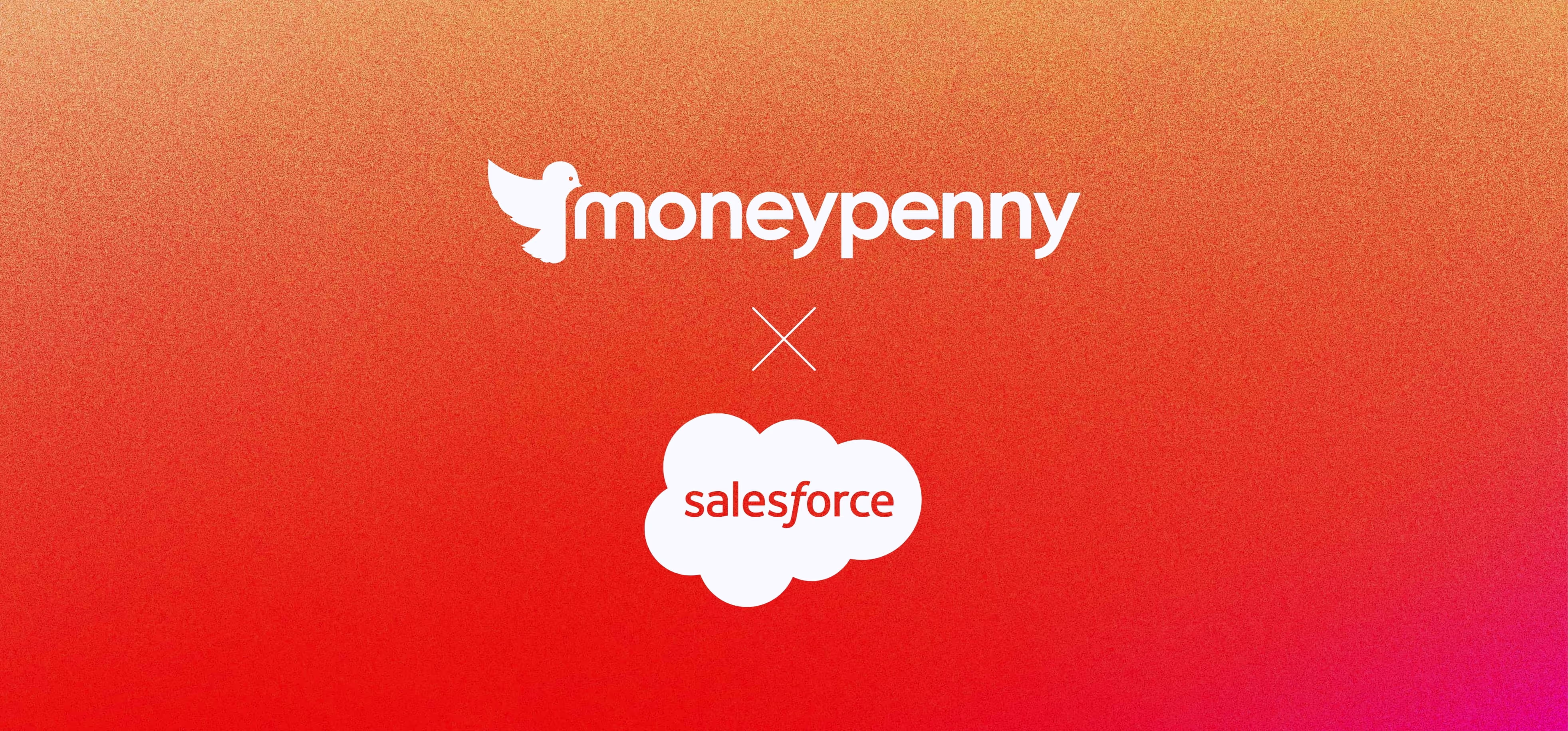 White logos of Moneypenny and Salesforce on a red to pink gradient background with a white cross sign between them.