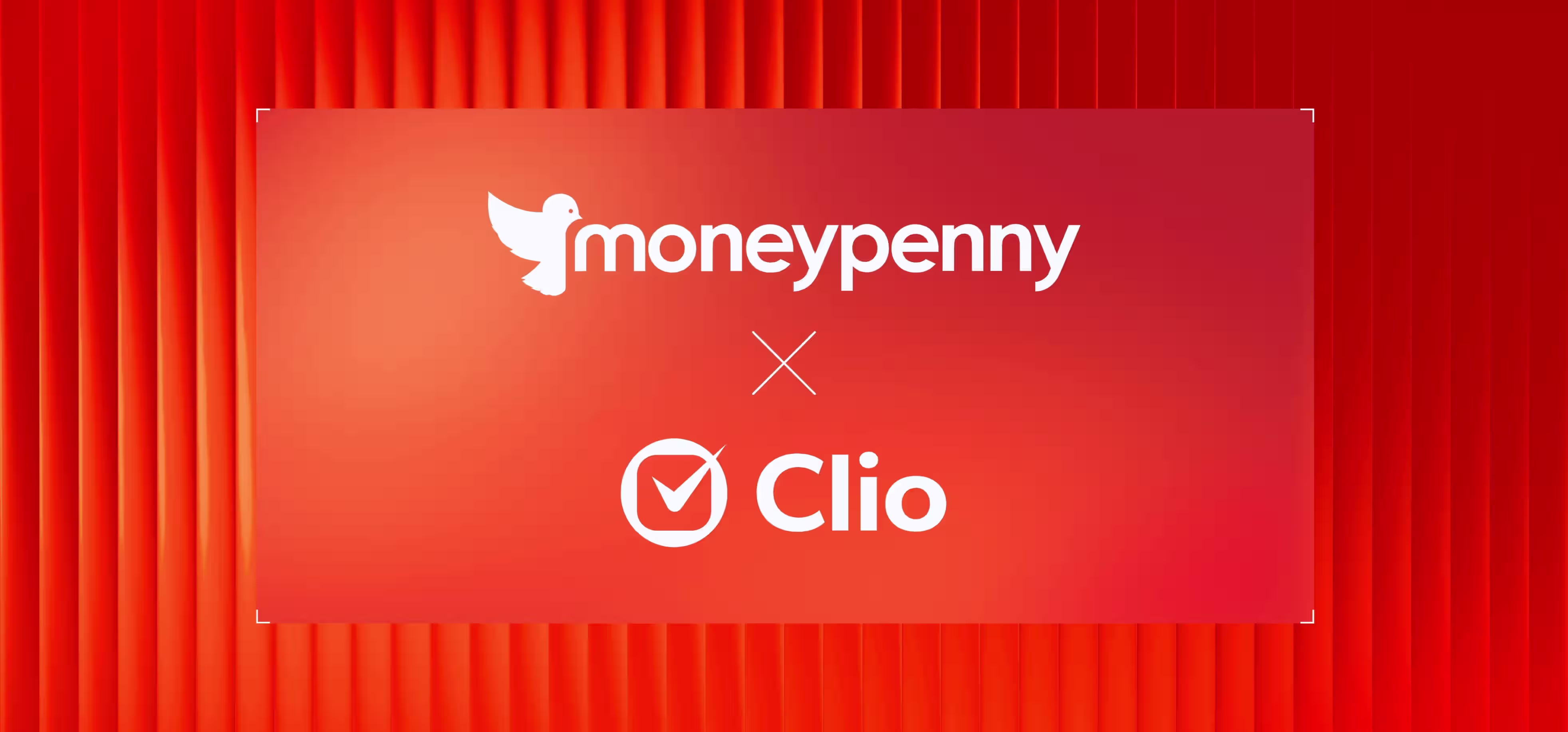MoneyPenny and Clio logos on a red gradient background with vertical red ridges.