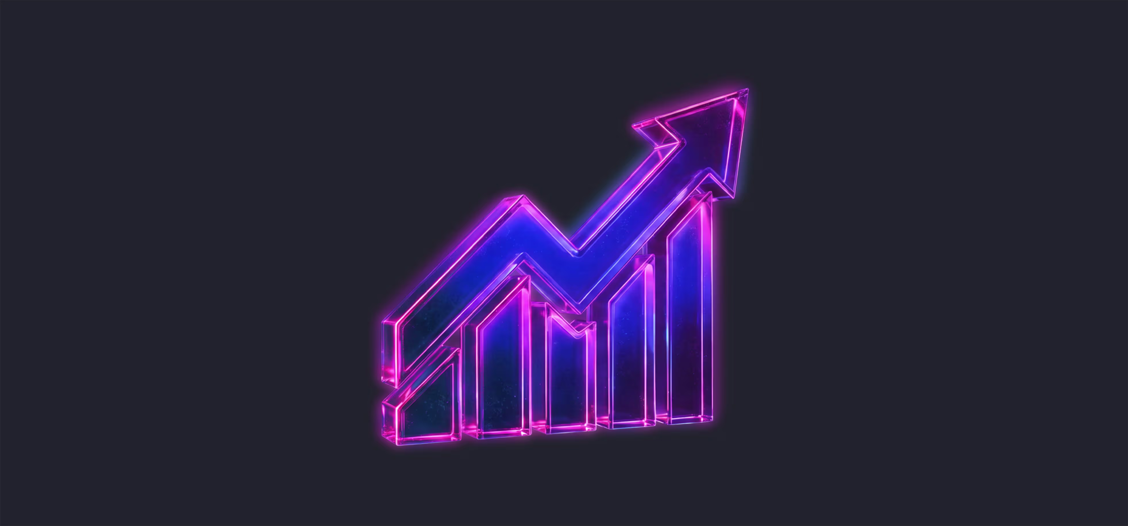 Neon-style glowing bar chart with an upward trending arrow, representing growth or increase, on a dark background.