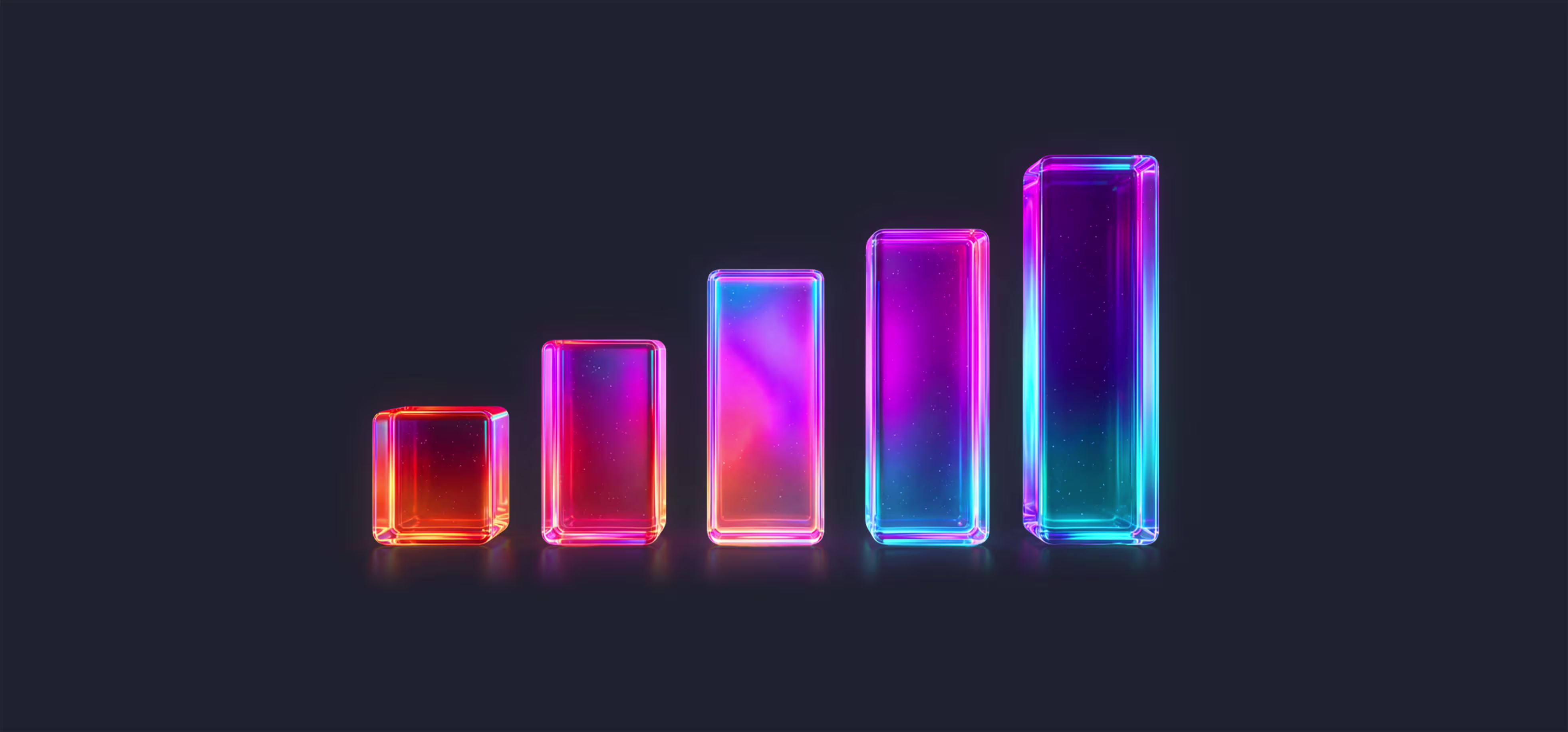 Five translucent, colorful rectangular bars arranged in ascending order from left to right on a dark background, resembling a bar chart or signal strength indicator.