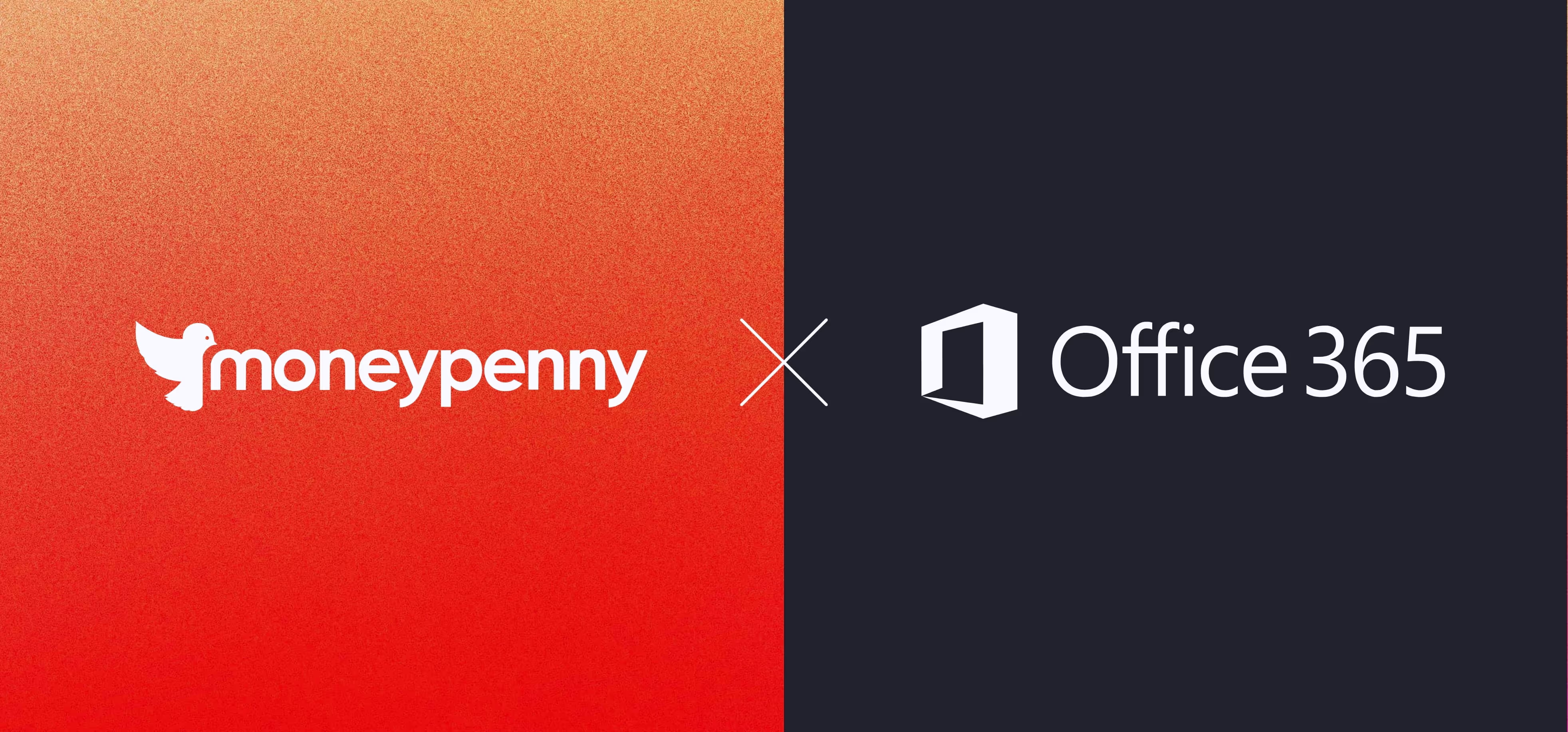 Split image with the Moneypenny logo and text on an orange gradient background on the left, and the Office 365 logo and text on a dark background on the right, separated by a white multiplication sign.