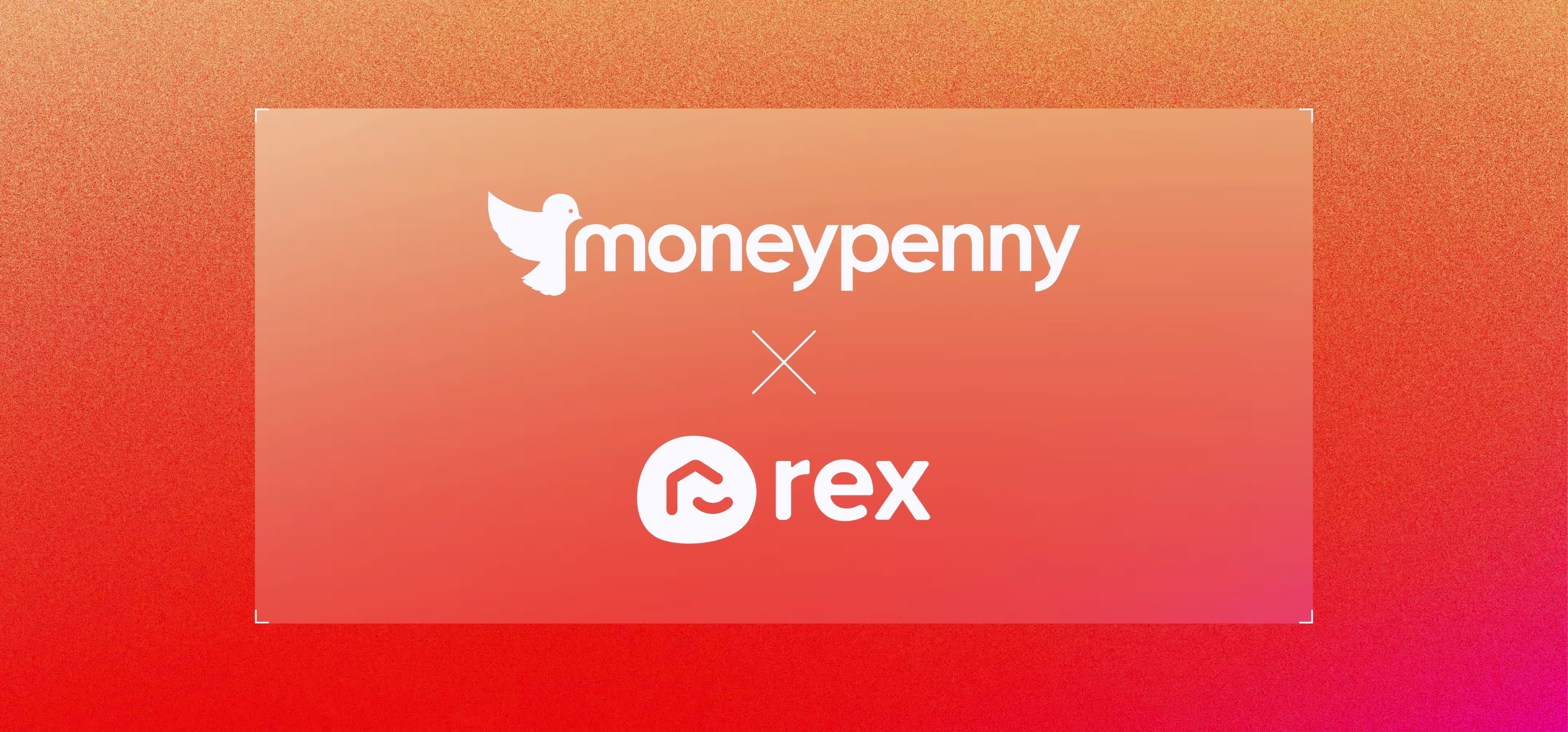 Logos of moneypenny and rex brands centered on an orange to red gradient background, separated by a white multiplication cross.