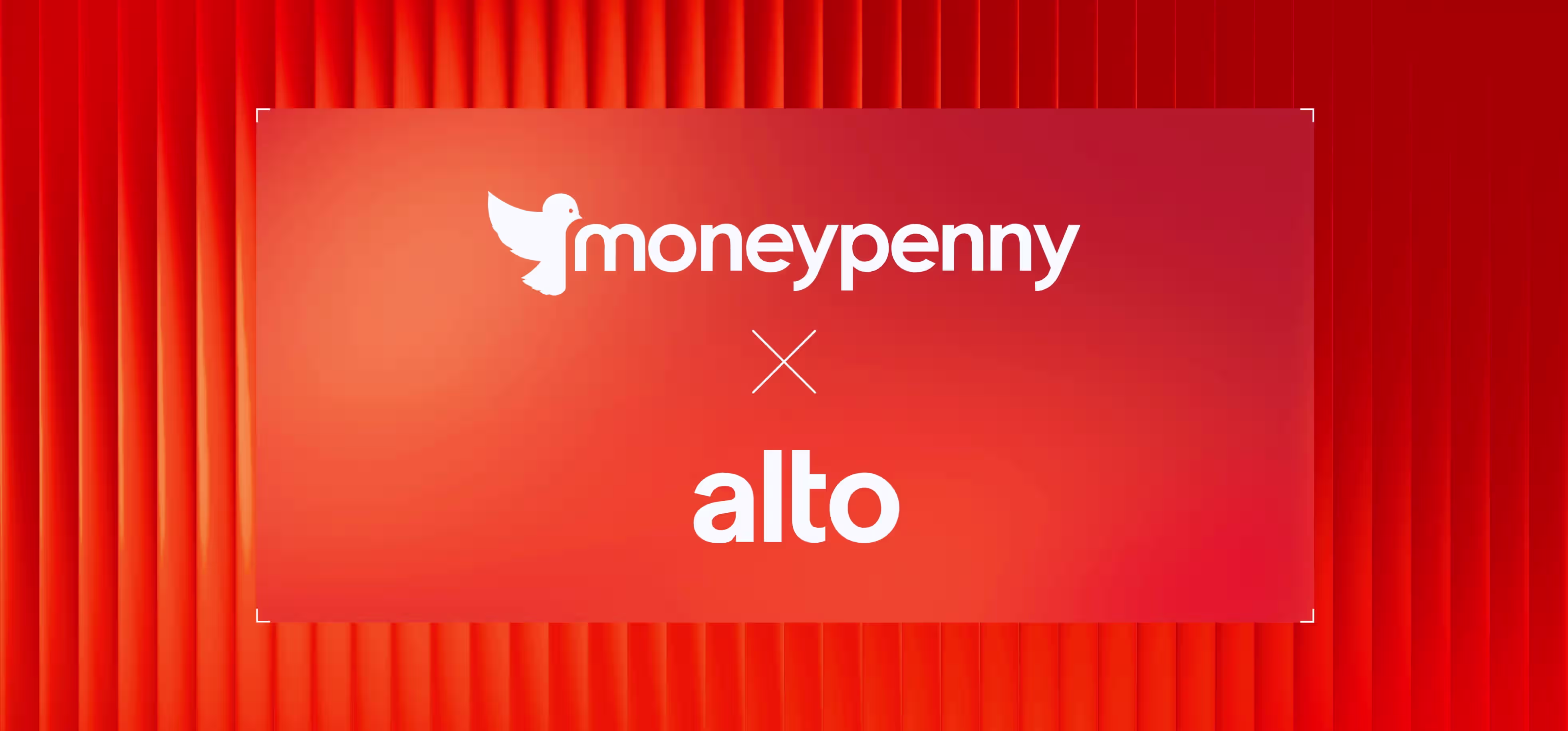 Red background with a rectangular orange panel showing white logos and text: a bird icon followed by 'moneypenny', a multiplication symbol, and the word 'alto' in lowercase.
