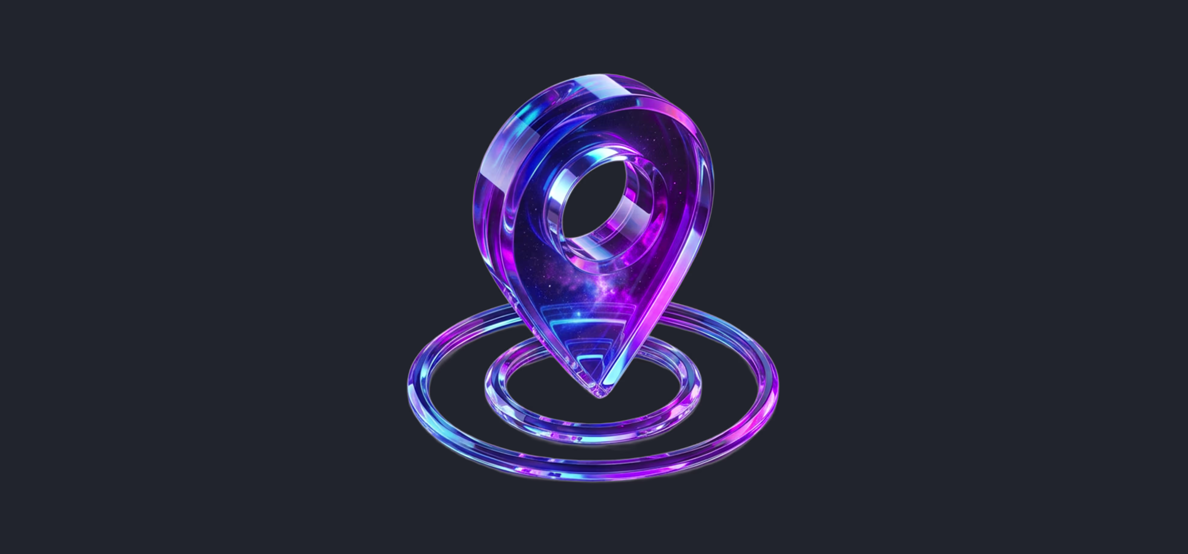A 3D translucent location pin with purple and blue gradient colors, hovering above concentric circular rings on a dark background.