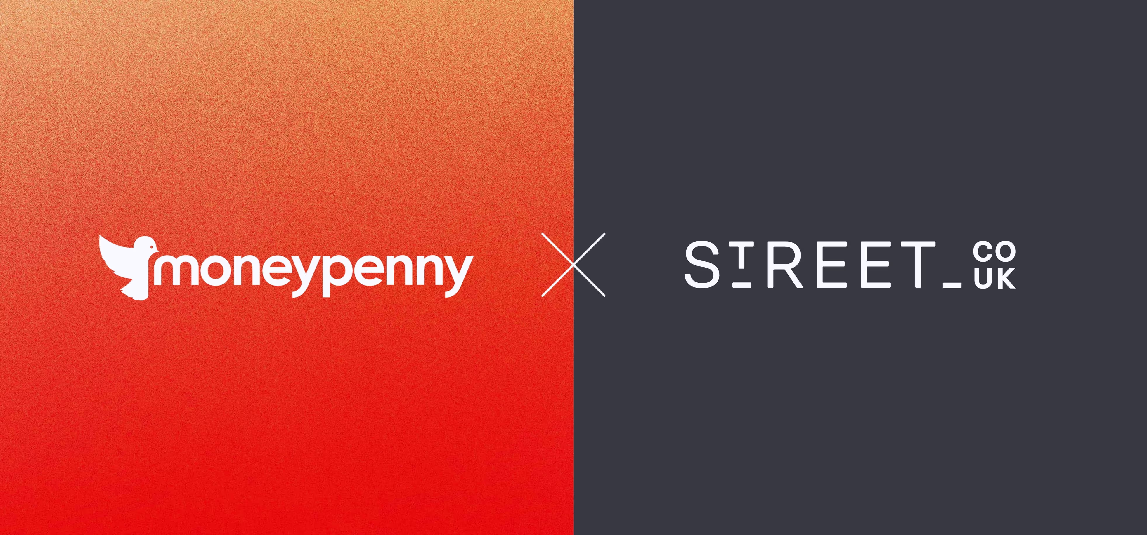 Logos of moneypenny and STREET.co.uk side by side with a white 'x' between them on a half orange, half dark grey background.
