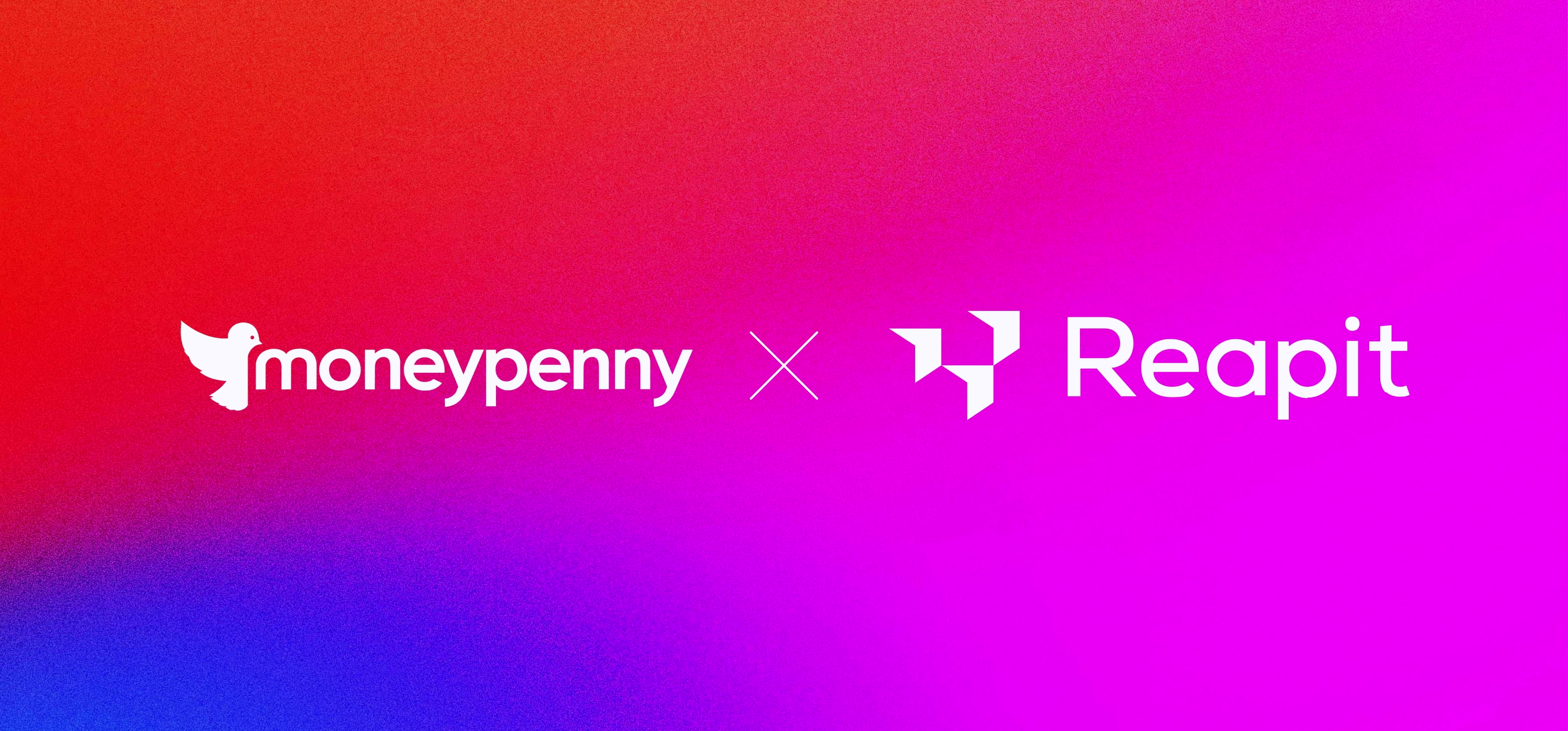 Logos of Moneypenny and Reapit side by side on a red, blue, and pink gradient background separated by a white multiplication sign.