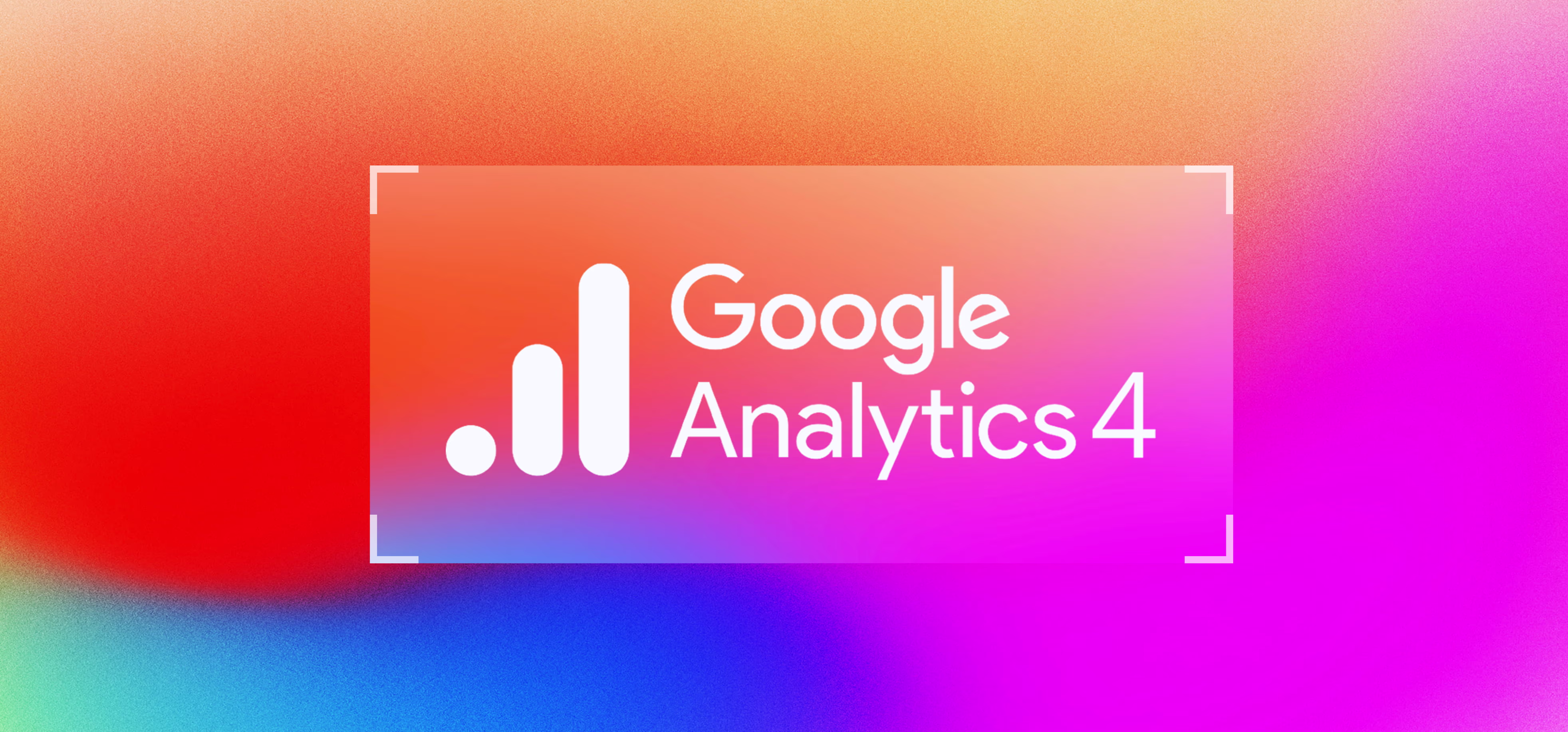 White Google Analytics 4 logo with three vertical bars and text on a blurred vibrant background with red, orange, blue, and pink gradient colors.