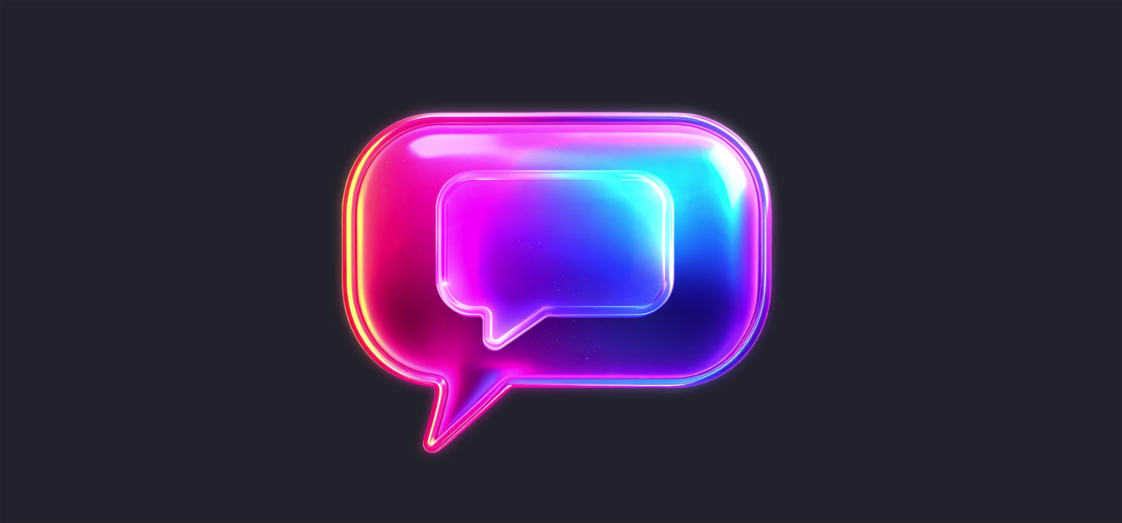Glowing neon chat bubble icon with smaller chat bubble inside, against a dark background.