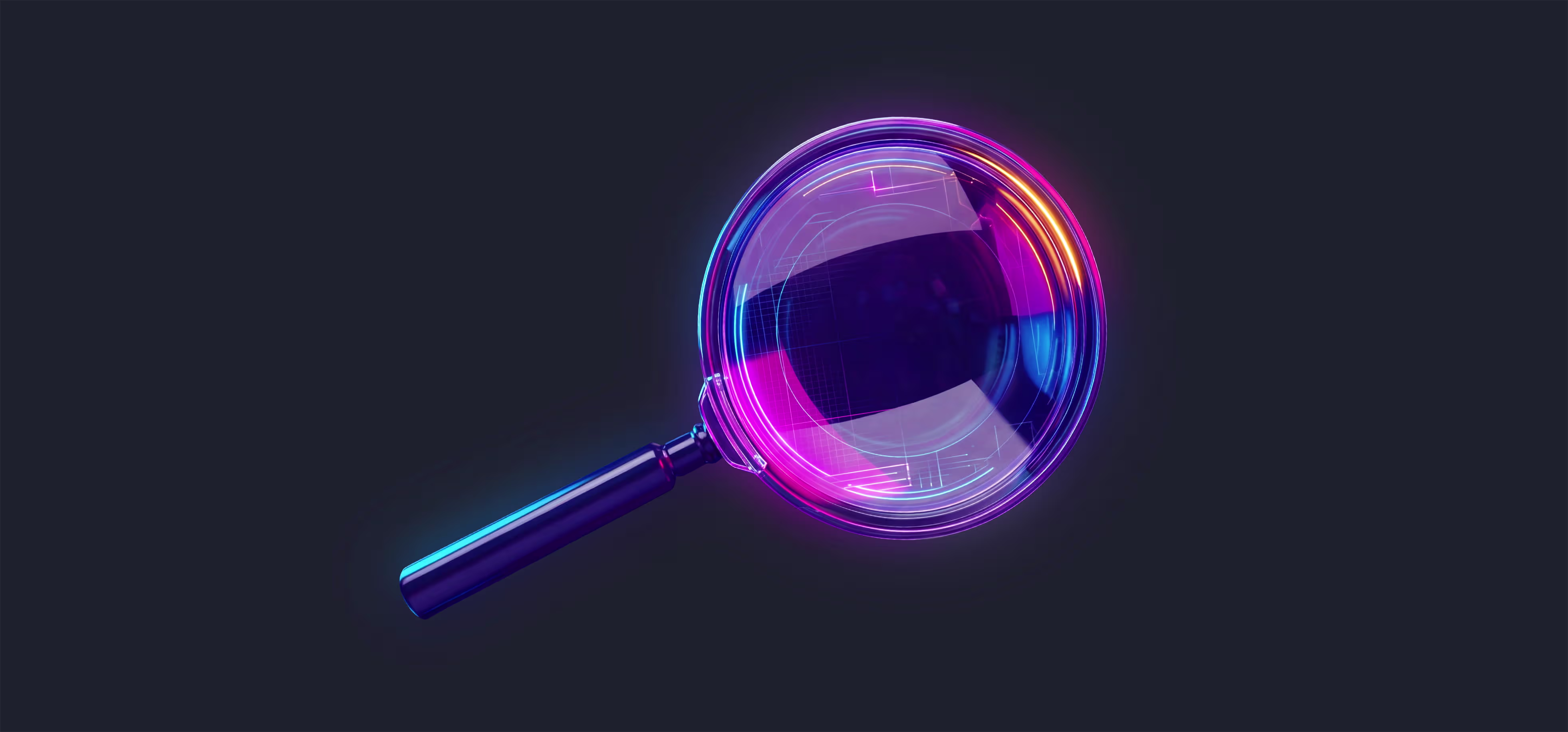 Magnifying glass with a neon glow effect in shades of purple, pink, blue, and orange on a dark background.