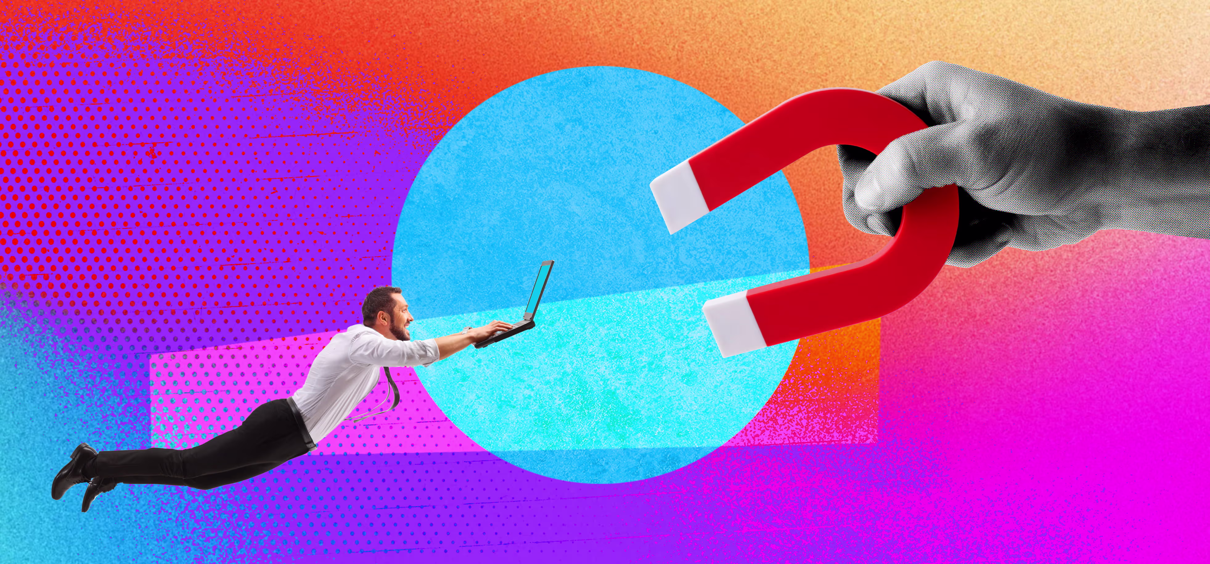 A man in business attire flying horizontally while holding a laptop is being attracted by a large red horseshoe magnet held by a hand, set against a colorful abstract background of orange, blue, pink, and purple.
