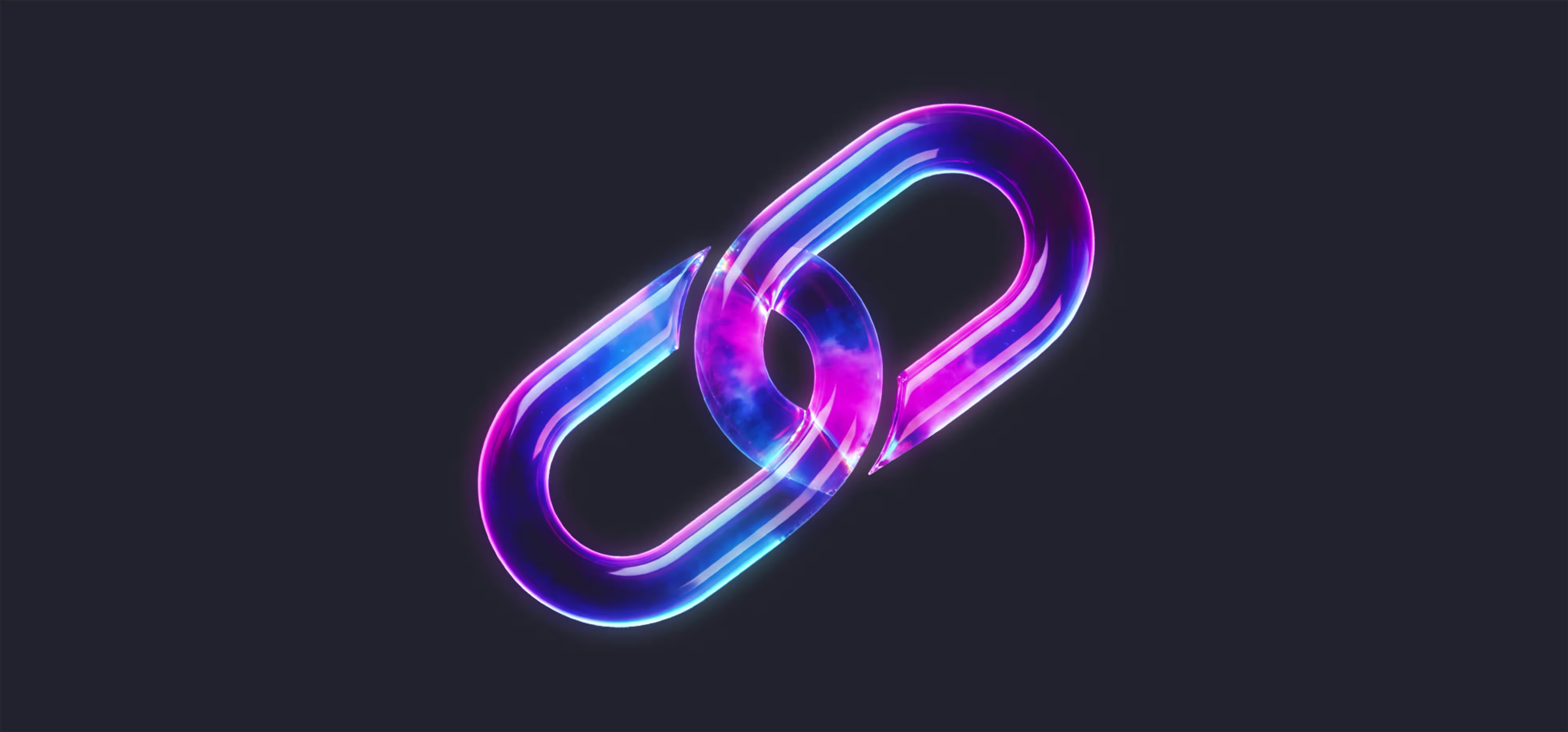 A glowing, interconnected chain link symbol with neon blue and pink colors on a dark background.