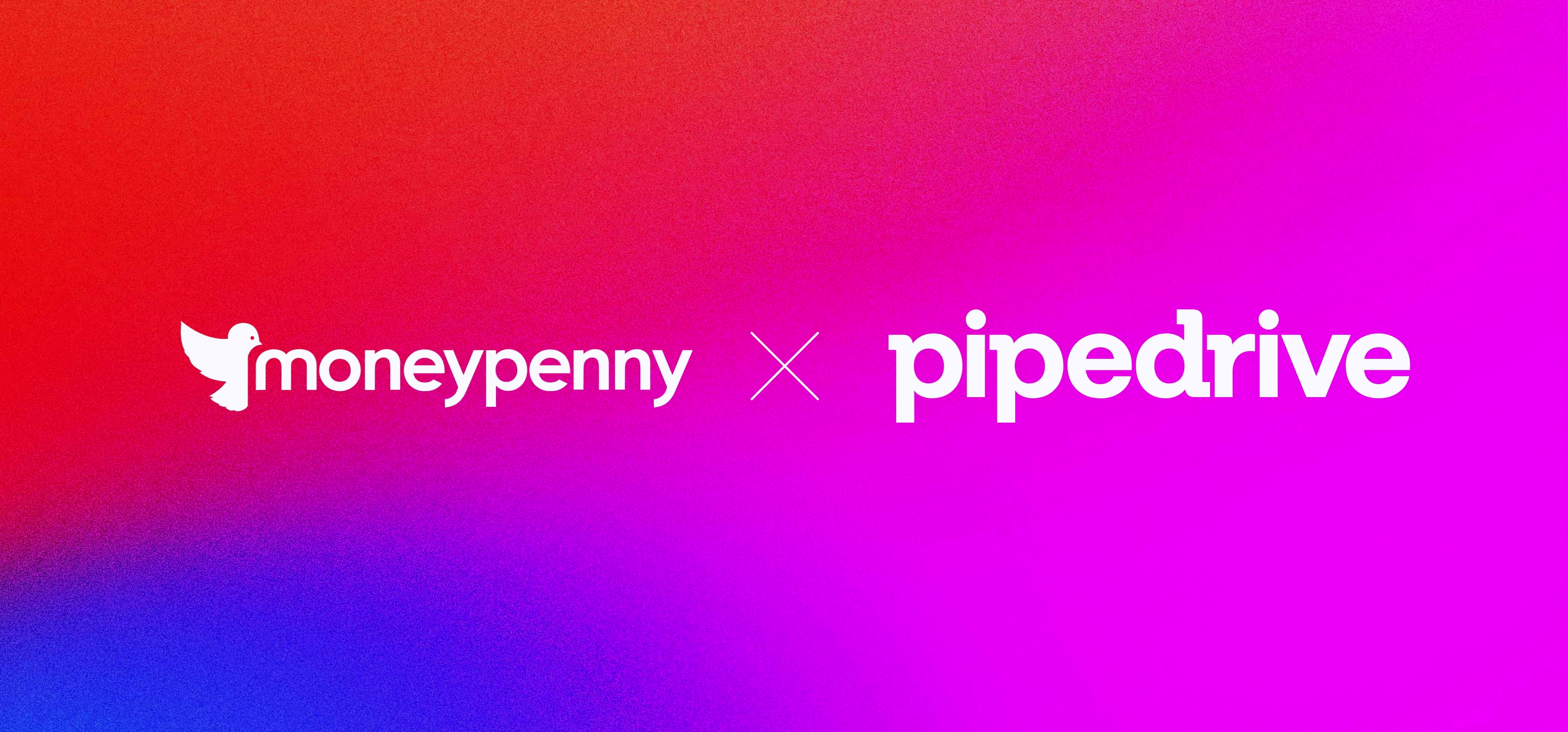 Logos of Moneypenny and Pipedrive side by side with a white 'x' between them on a gradient background of red, pink, and blue.