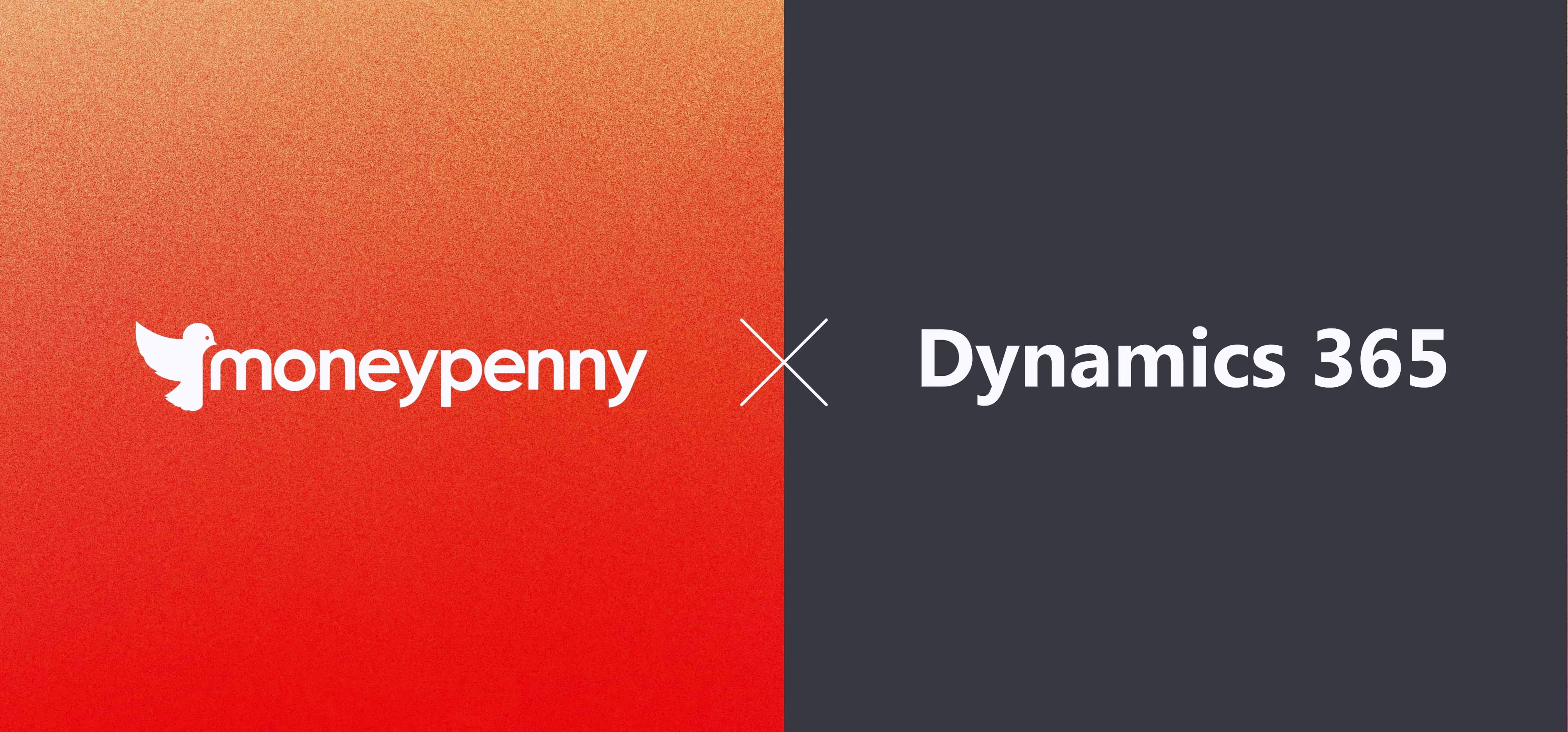 Logo of Moneypenny on an orange gradient background on the left, separated by a white X from the text Dynamics 365 in white on a dark background on the right.