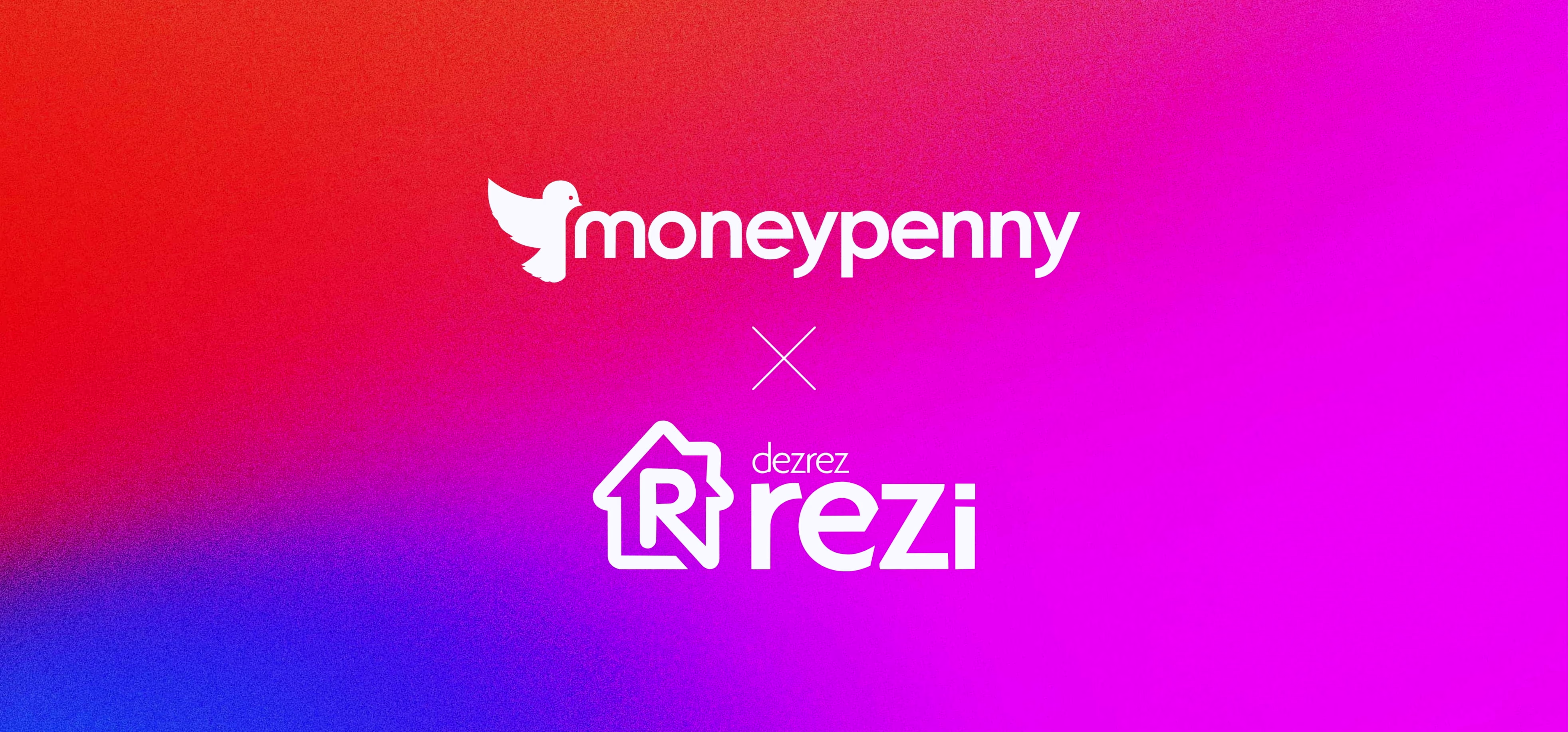 Logos of Moneypenny and Dezrez Rezi displayed one above the other with a white multiplication symbol between on a vibrant gradient background blending red, purple, pink, and blue.
