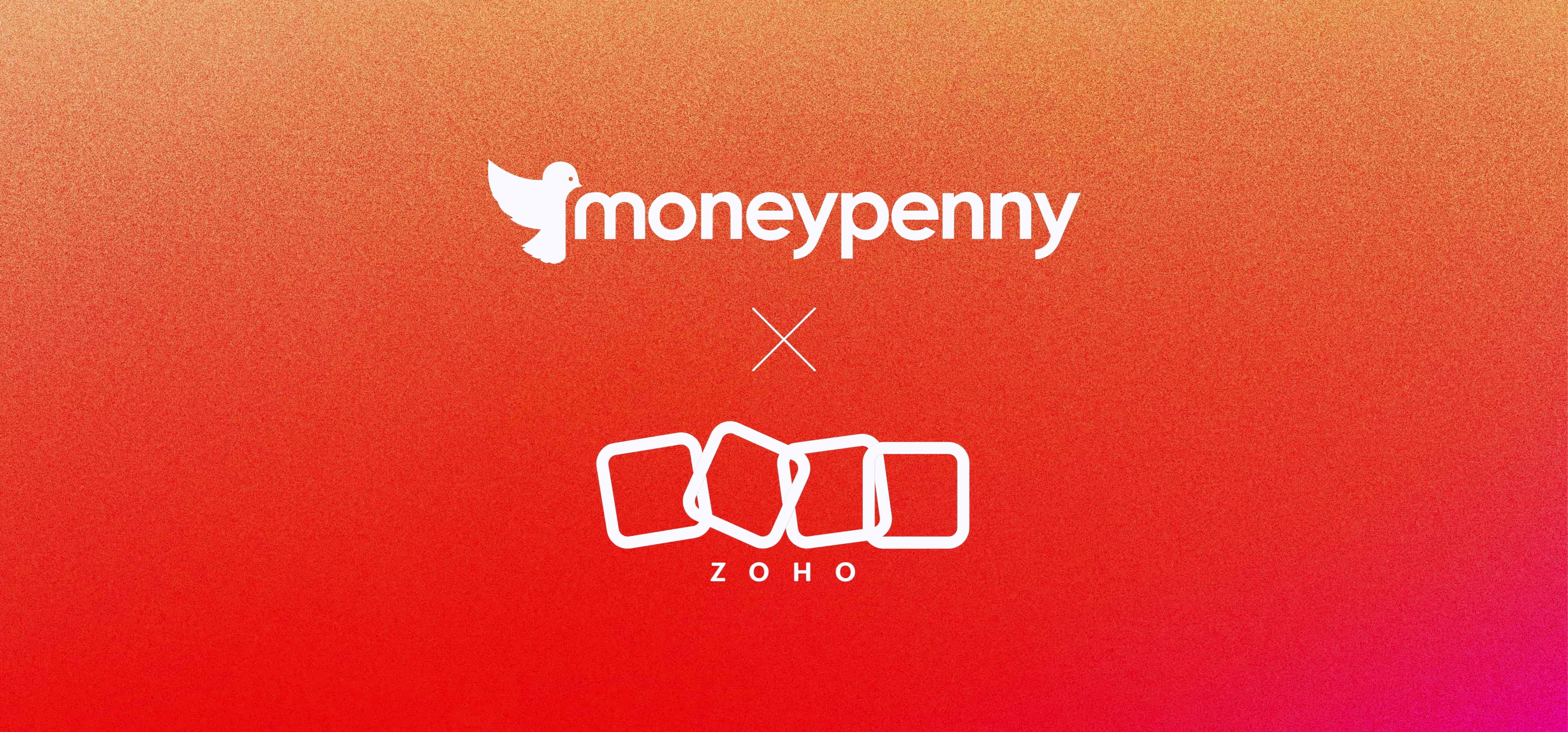 MoneyPenny and Zoho logos on an orange to red gradient background, indicating a collaboration or integration.
