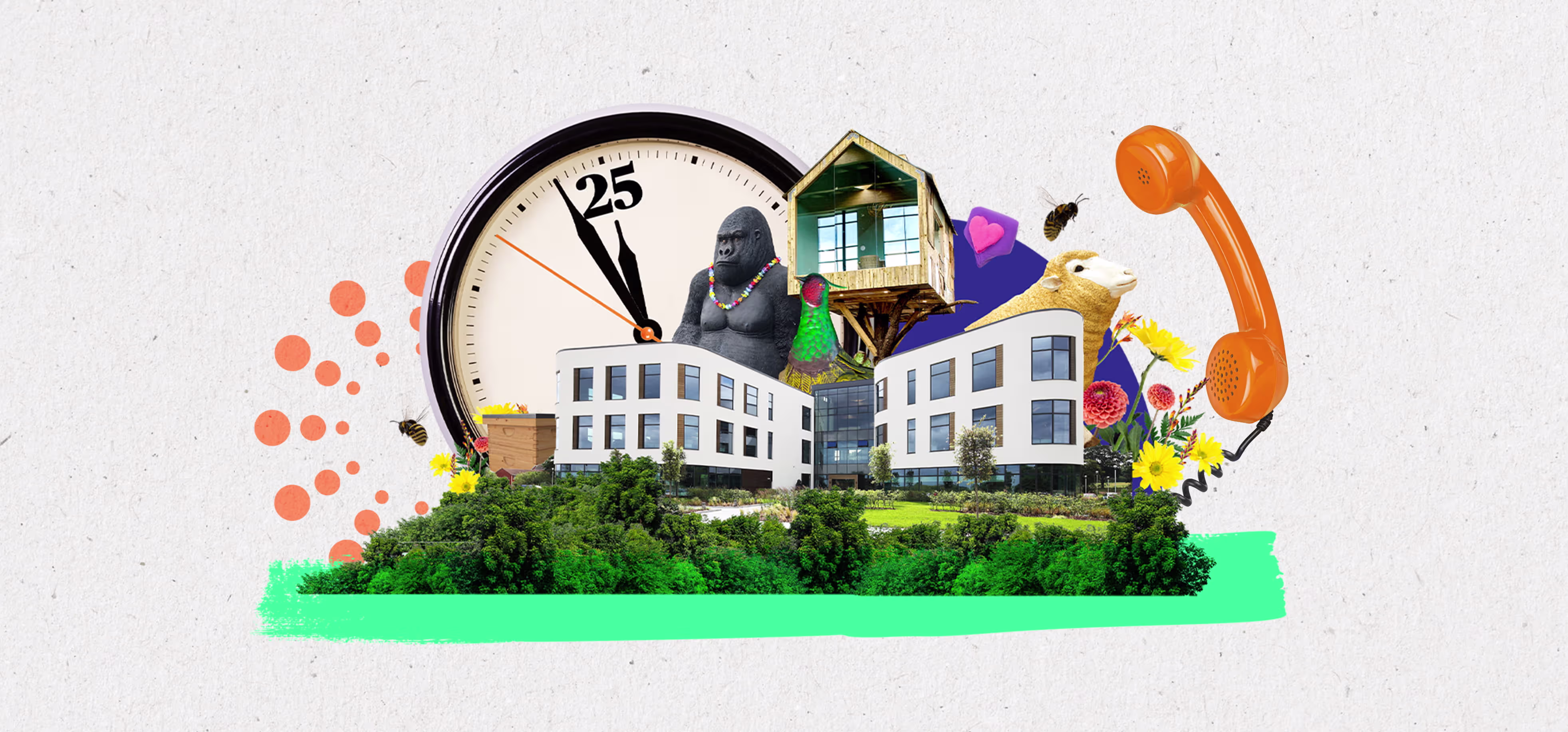 Collage featuring a modern office building with surrounding greenery, a large clock showing 11:25, a gorilla figurine with a necklace, a colorful bird, a treehouse, an orange rotary phone handset, a bee, flowers, and an alpaca on a textured white background.