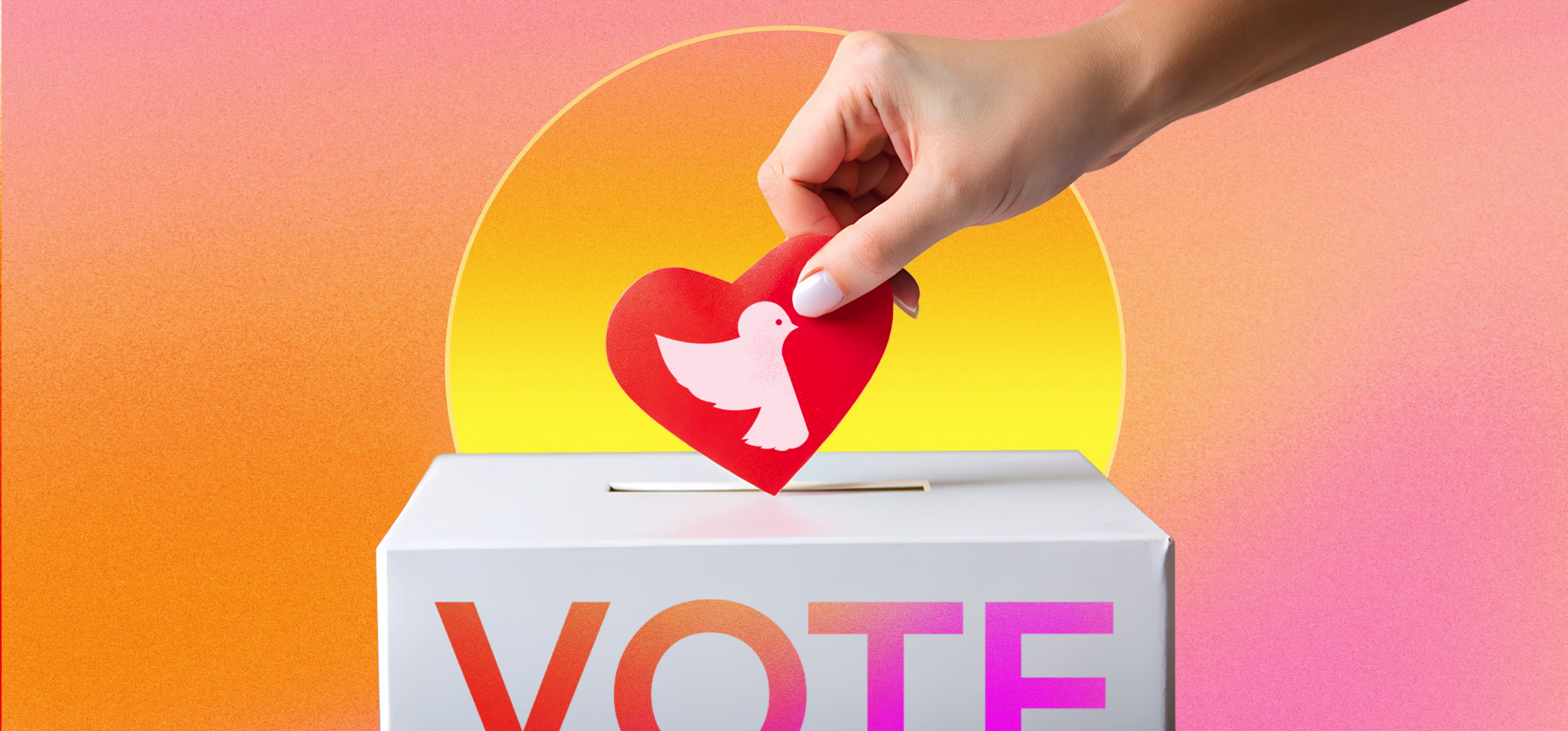 Hand placing a red heart-shaped card with a white dove symbol into a white ballot box with the word VOTE in multicolored letters, set against an orange and pink gradient background.