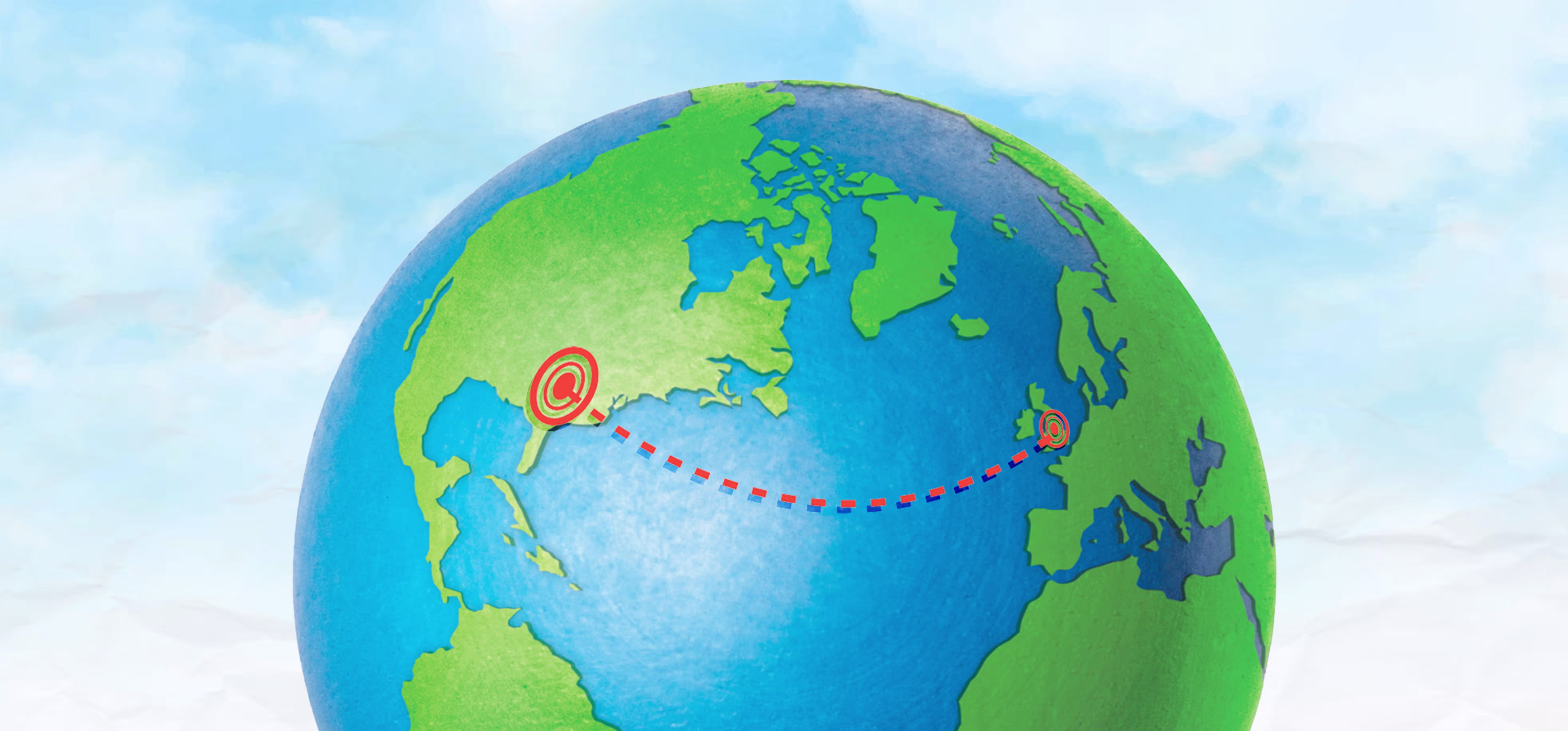 Illustration of a globe showing North America and Europe with a red dashed line and target icons connecting the east coast of the US to western Europe.