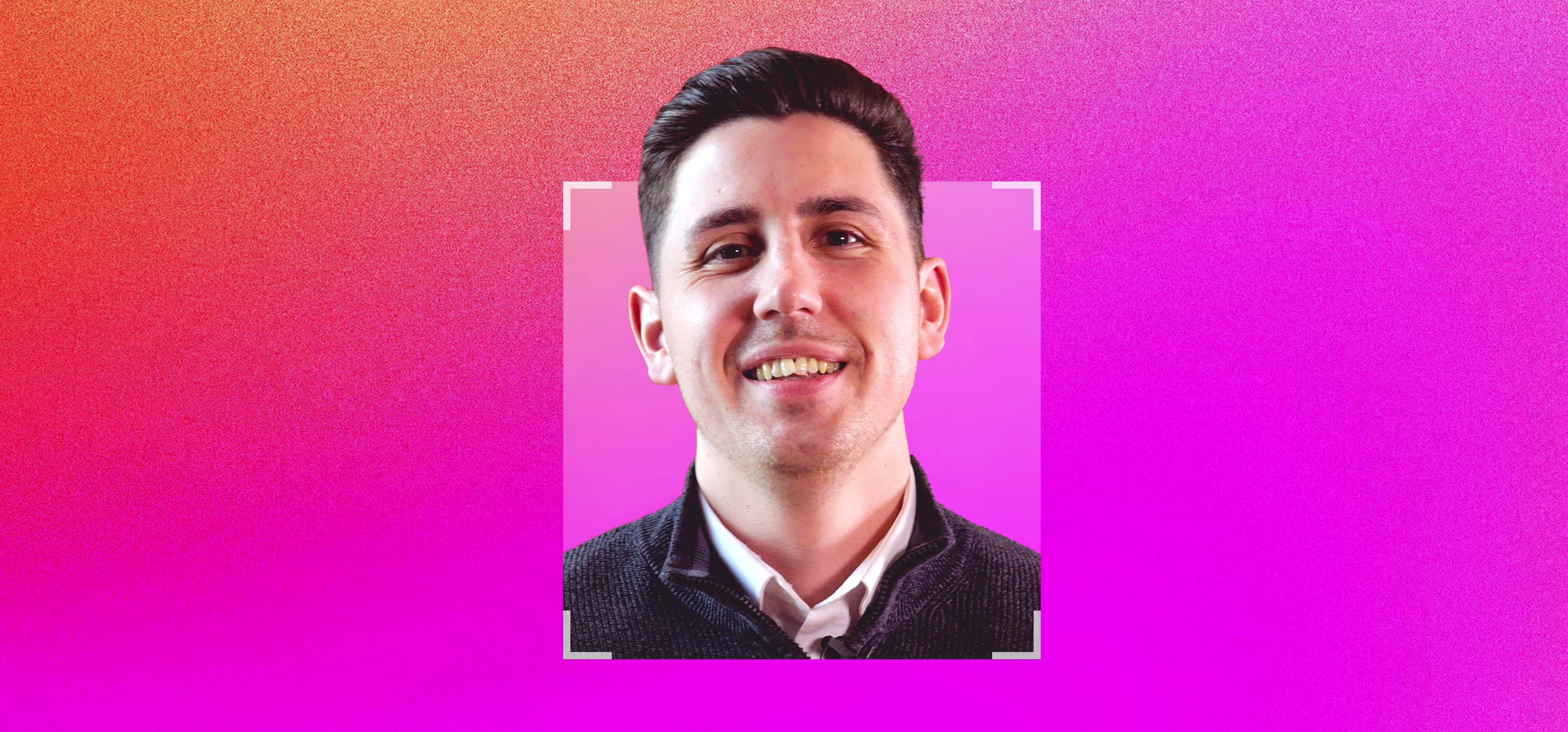 Portrait of a young man with dark hair, smiling, wearing a white shirt under a dark jacket, centered within a square frame on a vibrant gradient background of orange to pink.