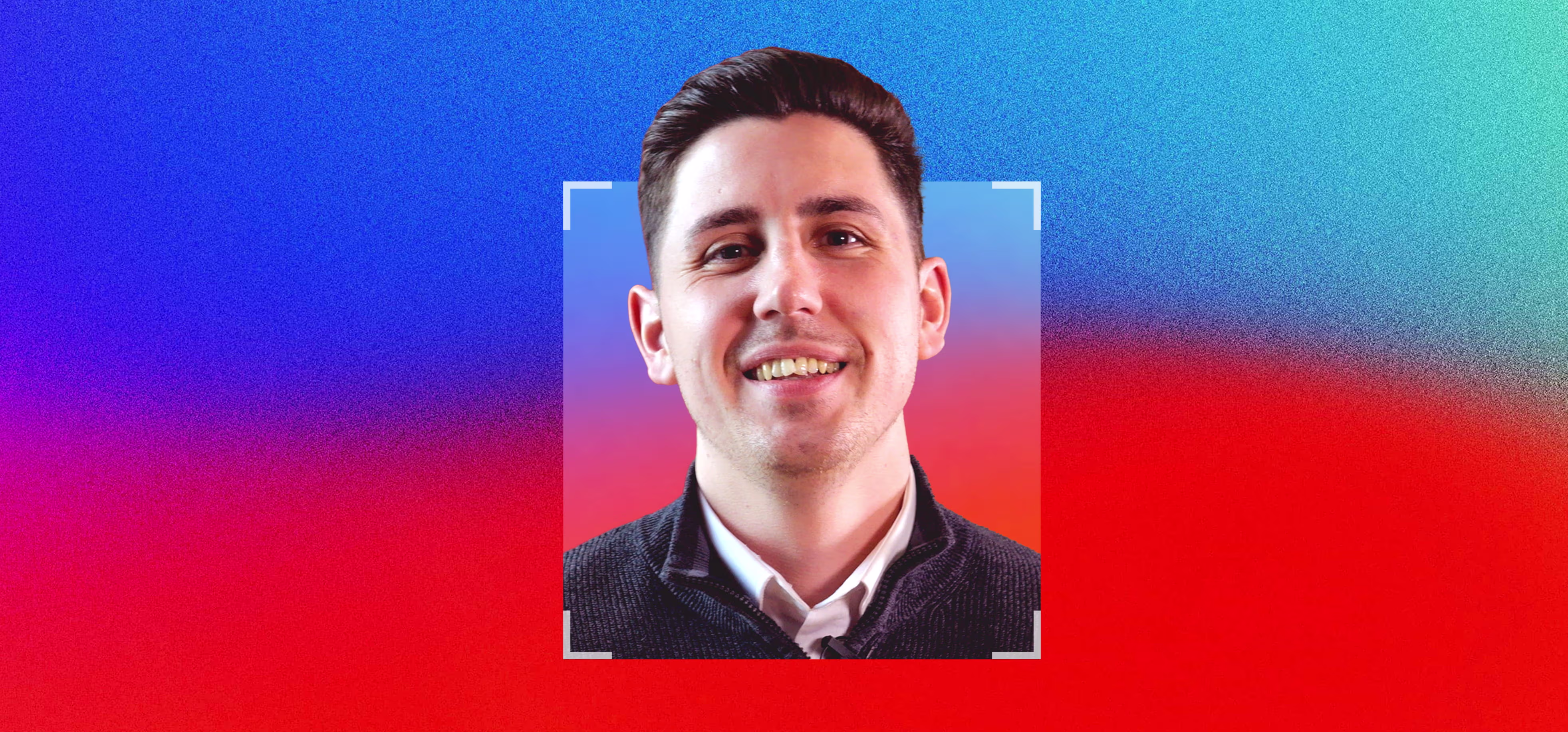 Portrait of a smiling young man framed by a square white border, set against a vibrant gradient background of blue, red, and green.