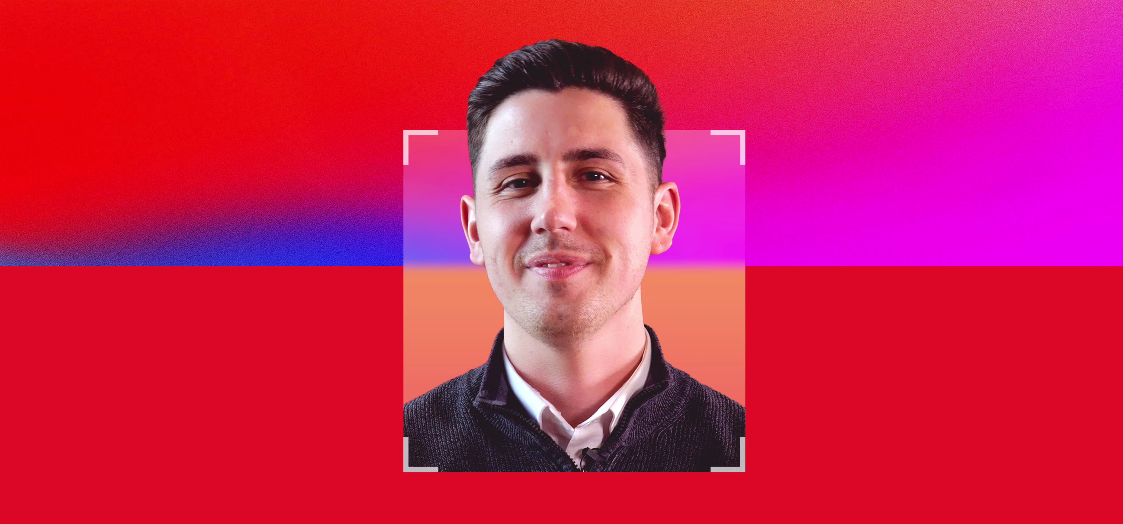 Close-up of a smiling man with dark hair in a dark jacket and white shirt, framed by a square outline on a vibrant red, orange, purple, and pink gradient background.