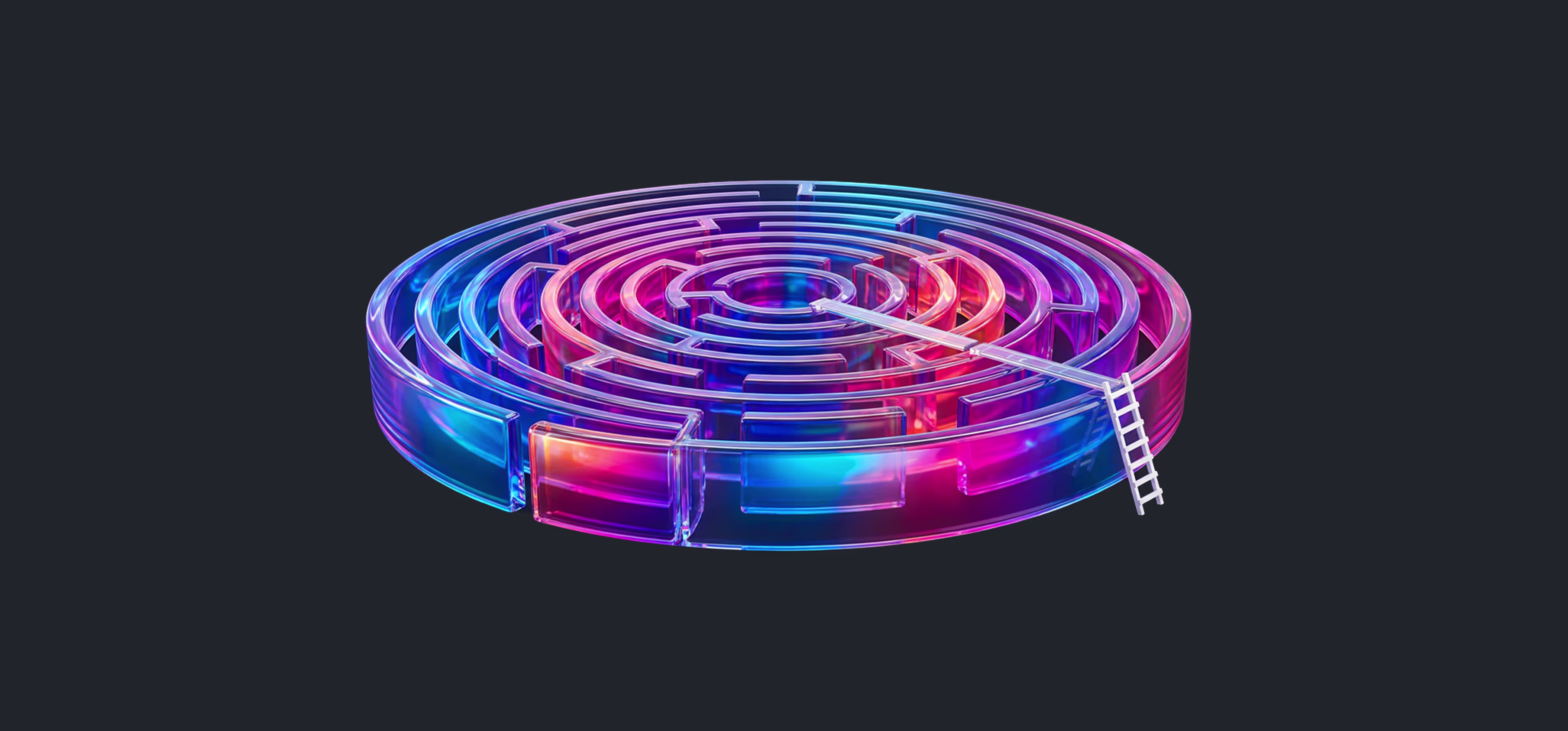 3D circular maze with translucent walls in blue and pink hues, featuring a small white ladder outside the maze.