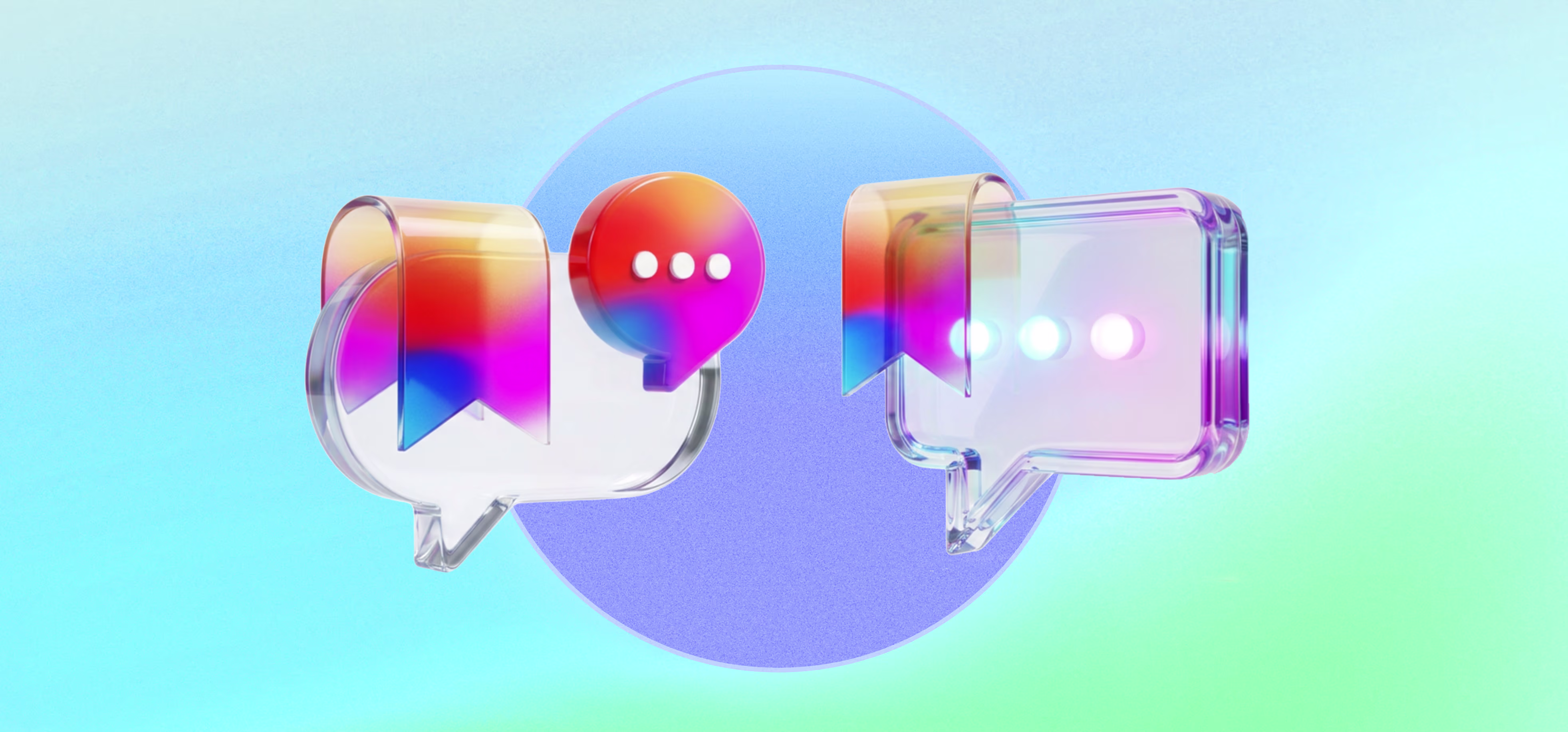 Transparent 3D speech bubbles with colourful gradient bookmarks and ellipsis symbols inside, set against a blue and green gradient background with a purple circle in the centre.
