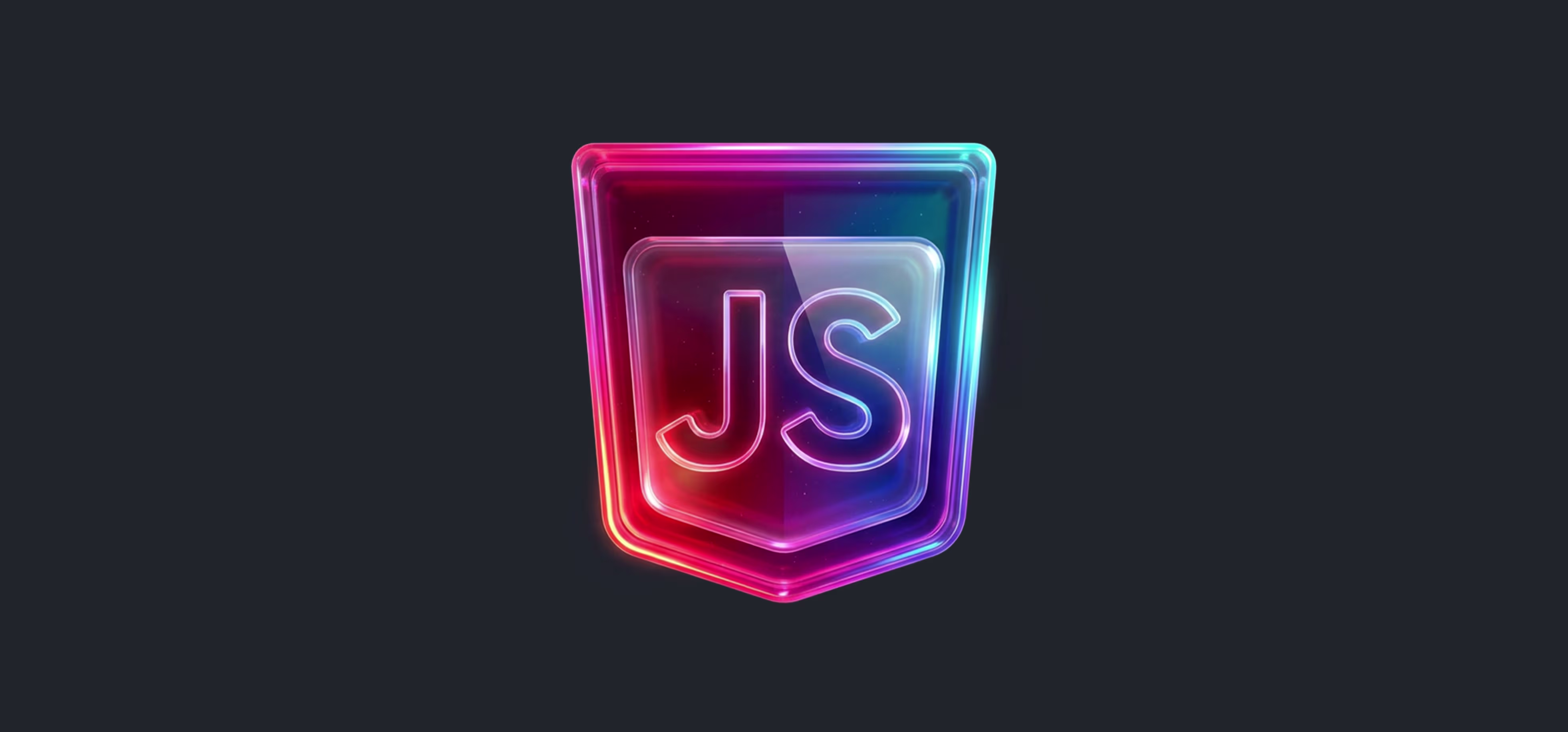 Neon glowing shield icon with letters 'JS' in the centre on a dark background, representing JavaScript.