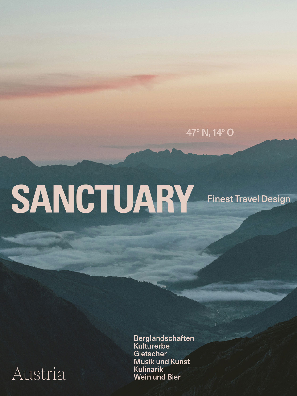 Sanctuary cover design with a mountain landscape in morning light